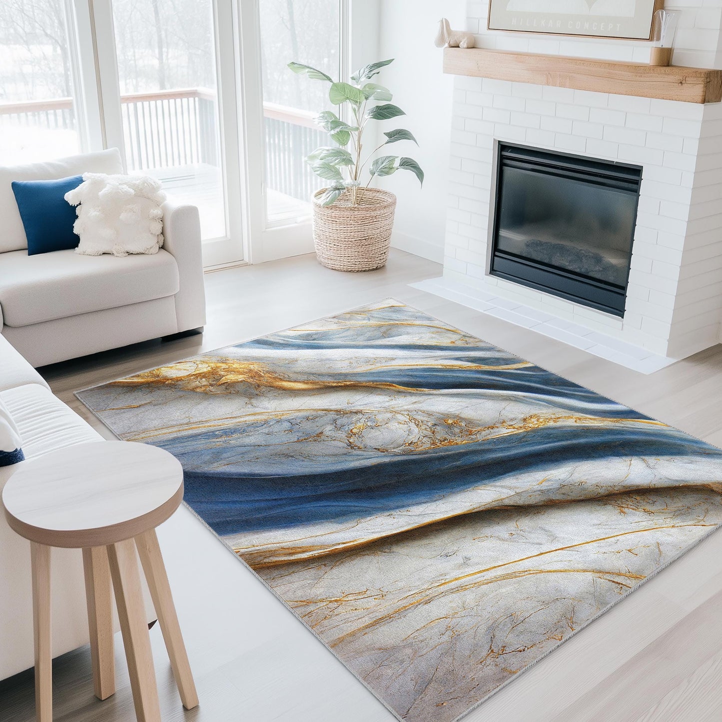 Luxury Blue and Gold Marble Rectangular Rug | Elegant Home Decor Carpet | Soft and Washable Area Rug for Living Room