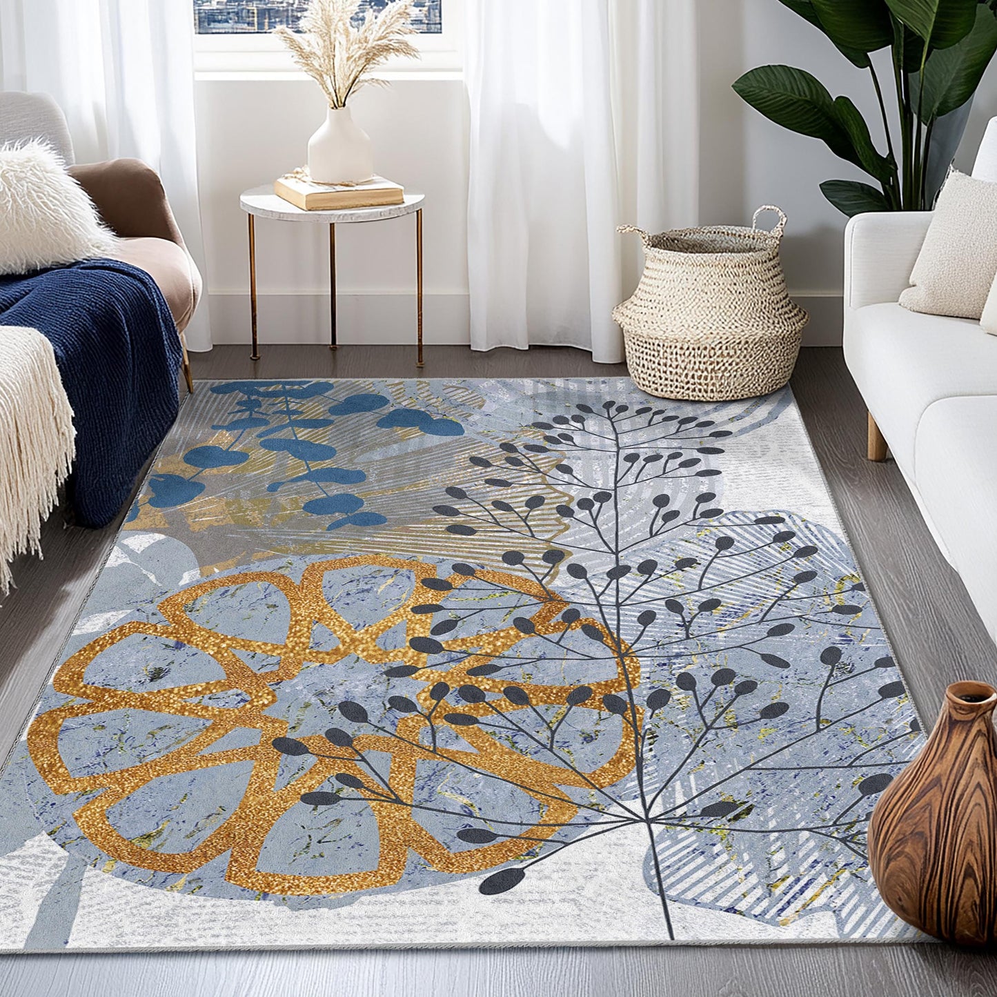 Botanical Citrus Print Rectangular Area Rug | Modern Floral Design for Living Room | Stylish Home Decor Carpet | Soft and Washable