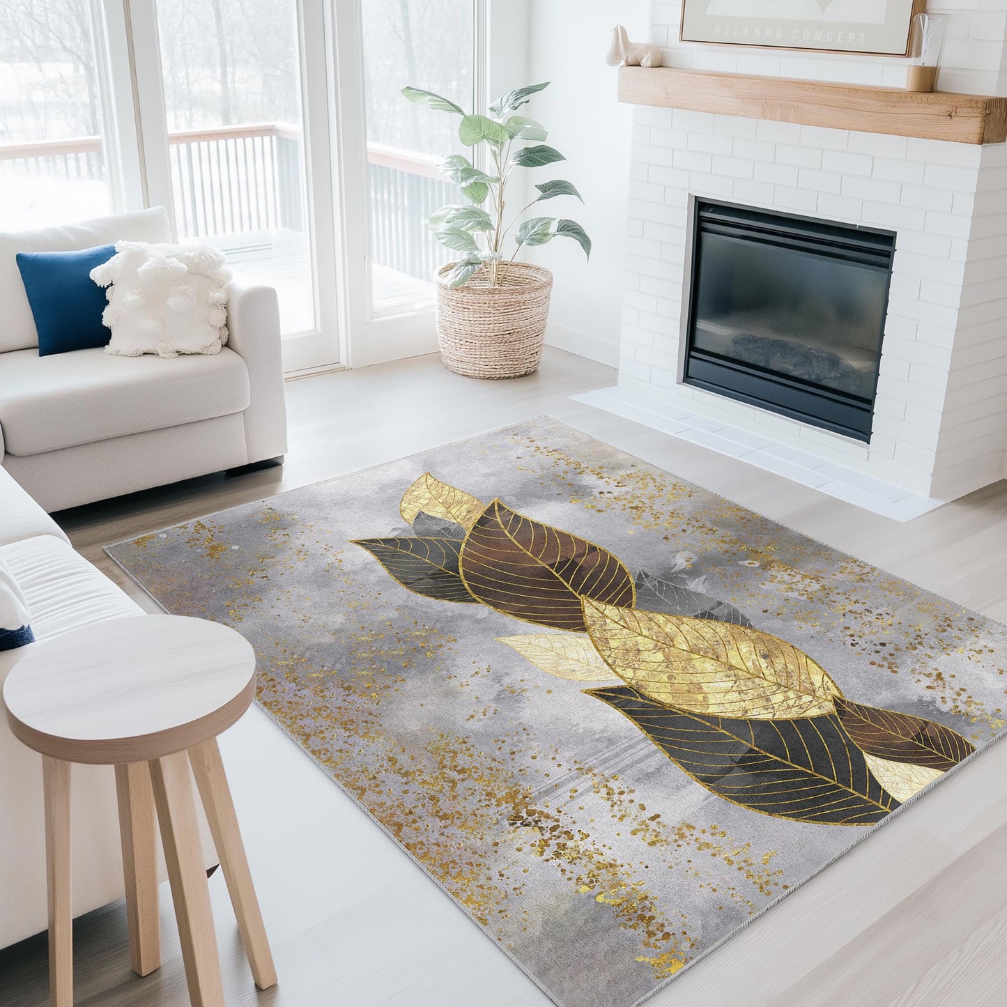 Gold Leaf Botanical Rug: Modern Elegant Home Decor