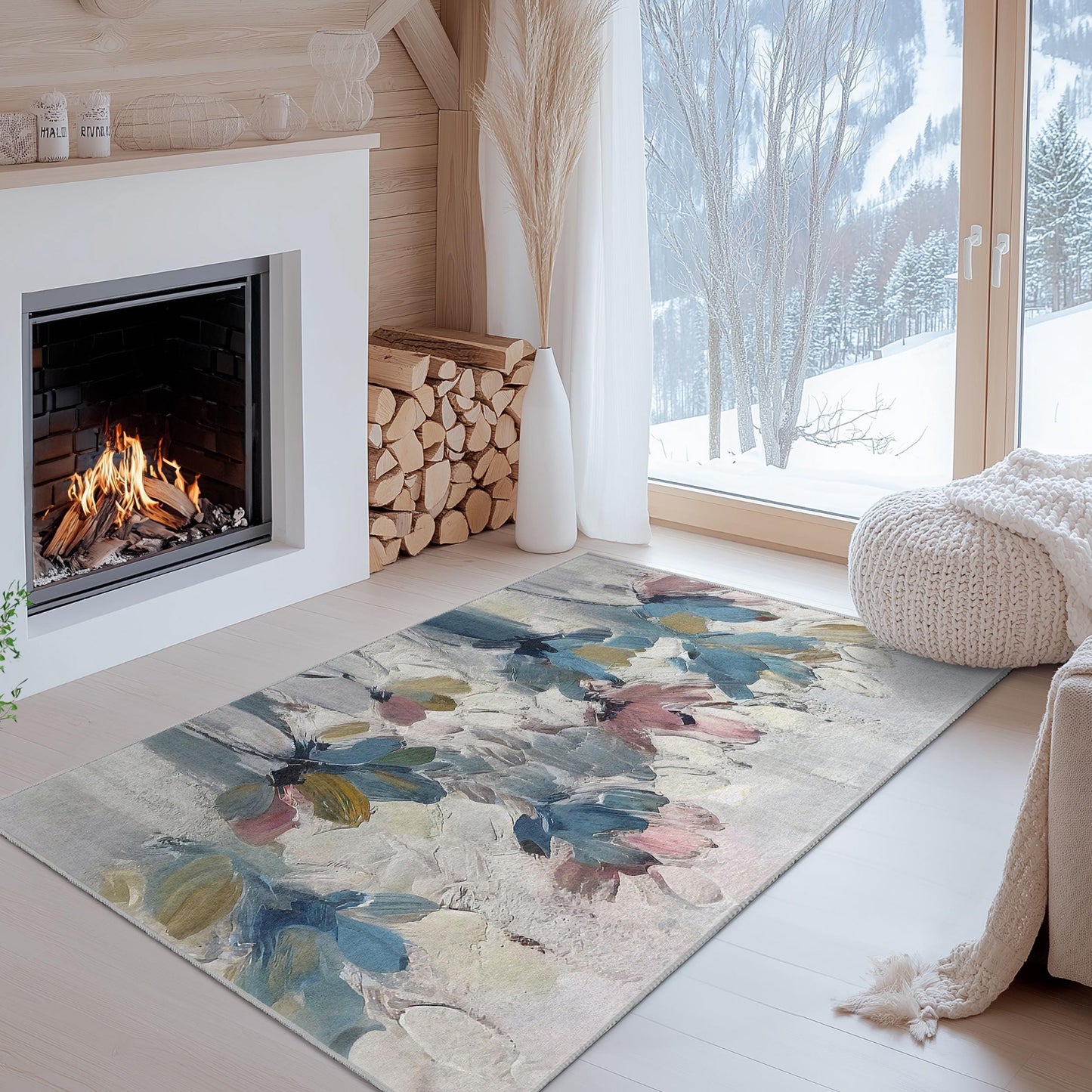 Floral Abstract Rectangle Rug | Soft Cotton Area Carpet for Living Room | Modern Home Decor | Elegant Flower Print Rug