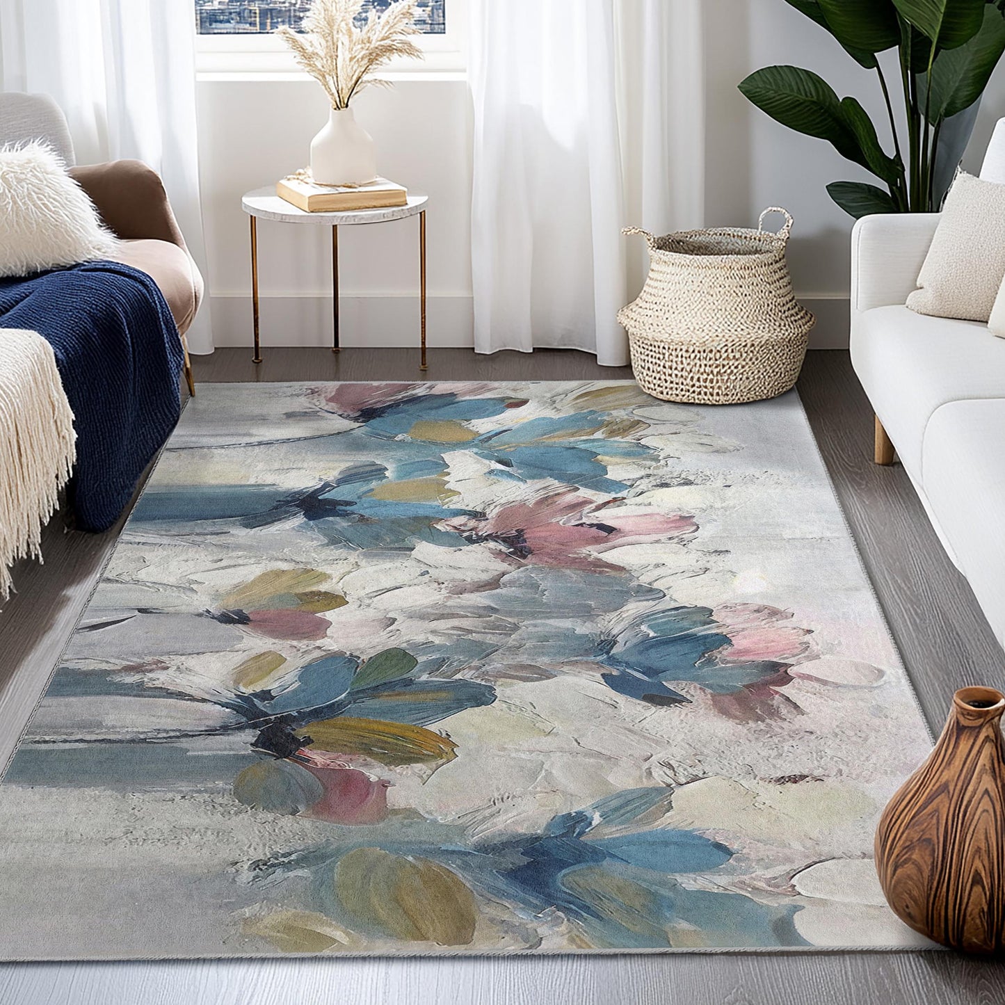 Floral Abstract Rectangle Rug | Soft Cotton Area Carpet for Living Room | Modern Home Decor | Elegant Flower Print Rug