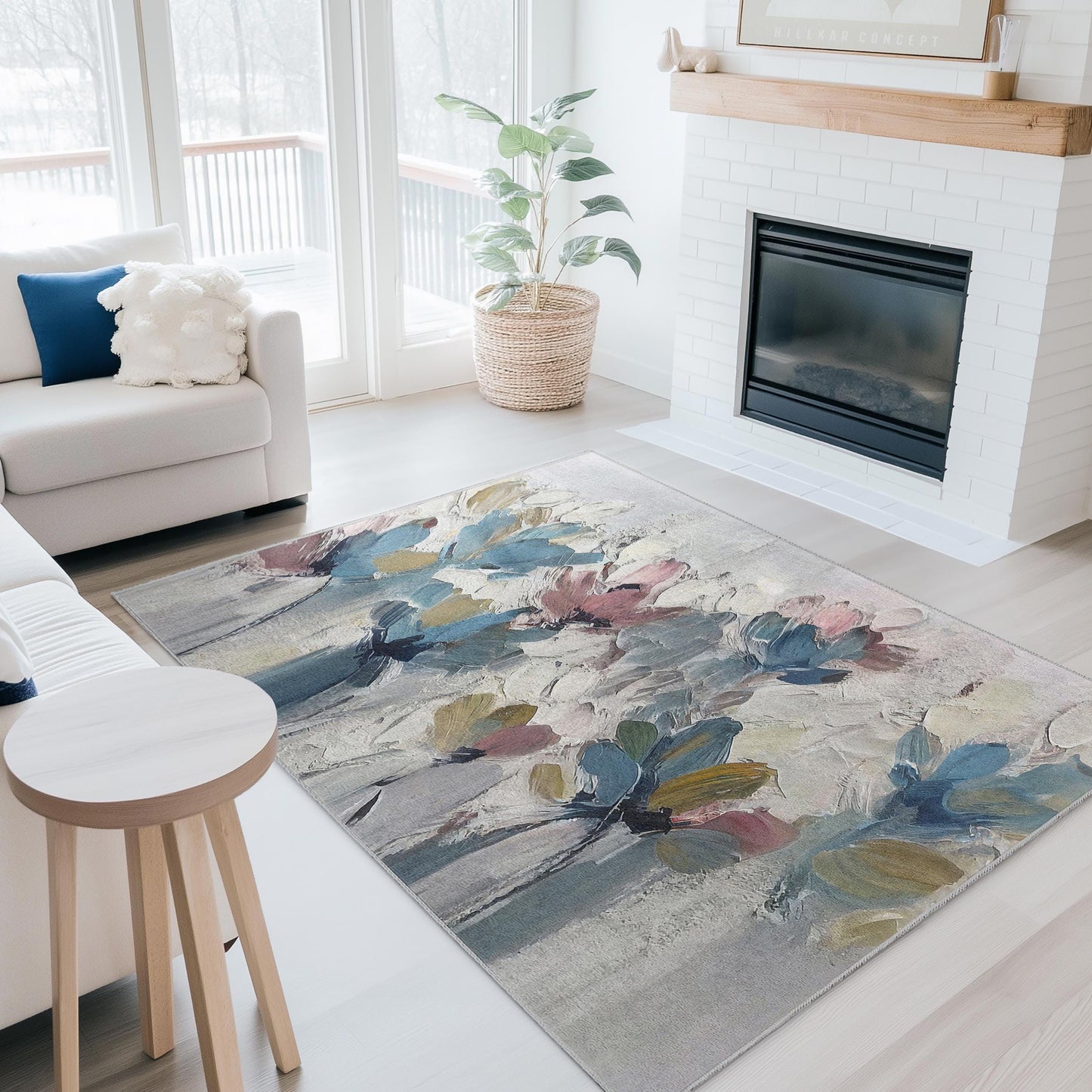 Floral Abstract Rectangle Rug | Soft Cotton Area Carpet for Living Room | Modern Home Decor | Elegant Flower Print Rug