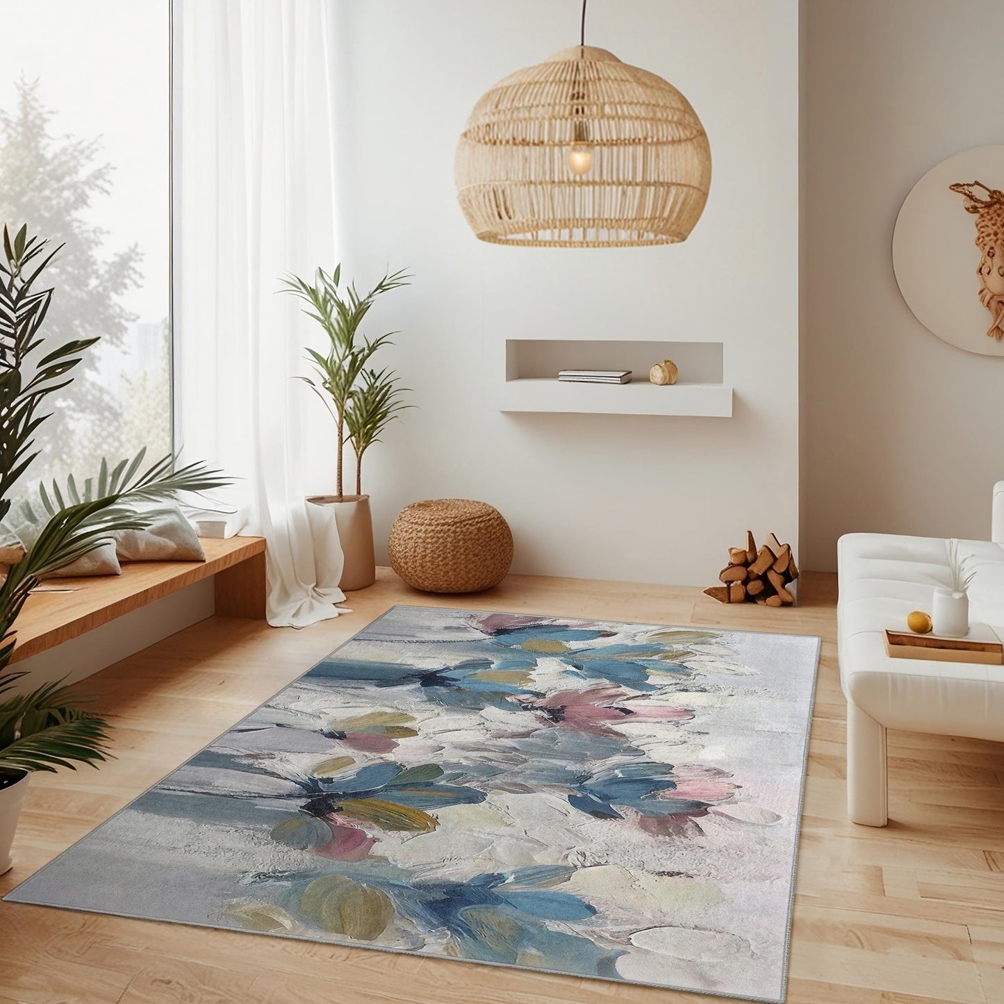 Floral Abstract Rectangle Rug | Soft Cotton Area Carpet for Living Room | Modern Home Decor | Elegant Flower Print Rug