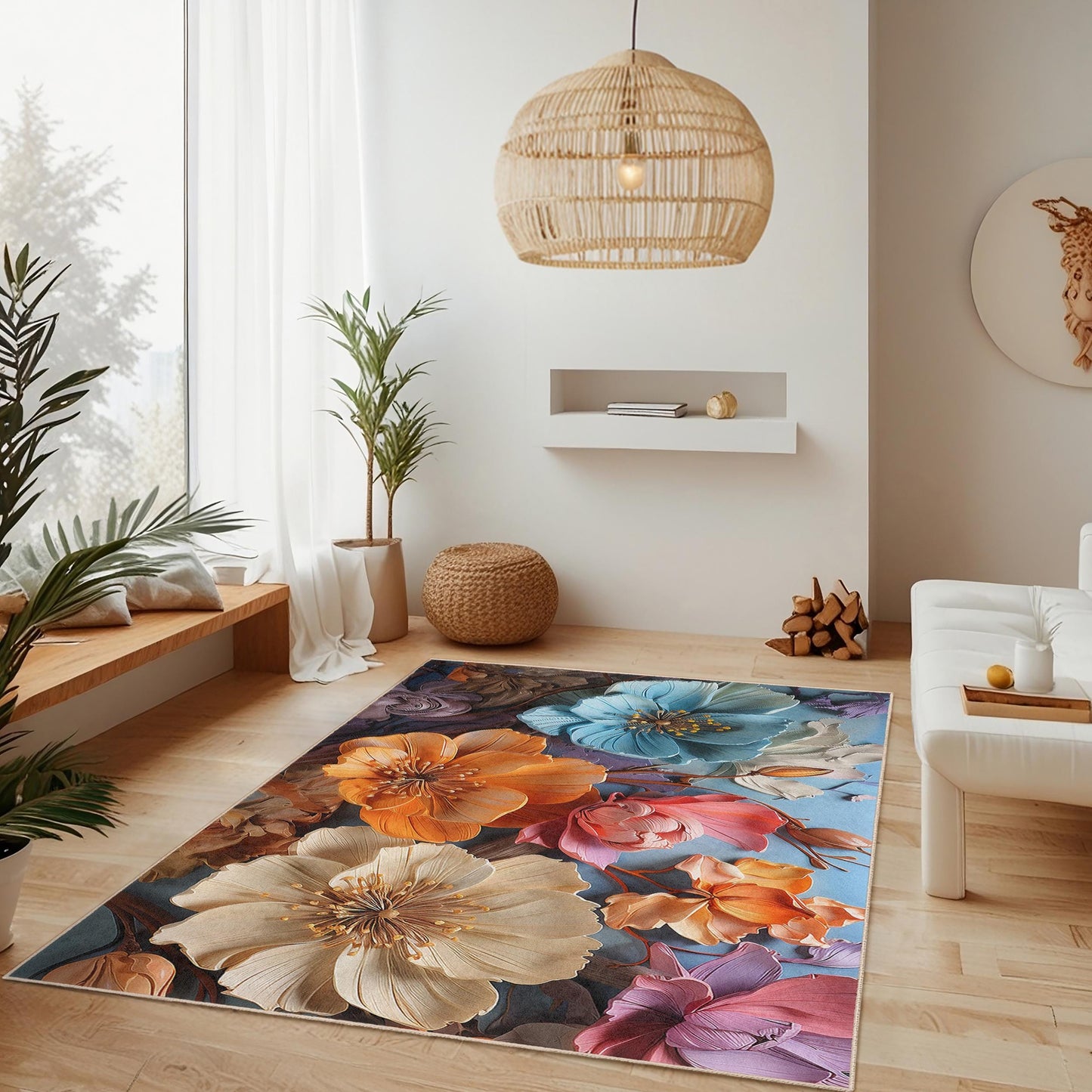 Vibrant Flower Pattern Rectangular Rug | Floral Design Area Carpet | Soft Cotton Home Decor | Elegant Flower Mat