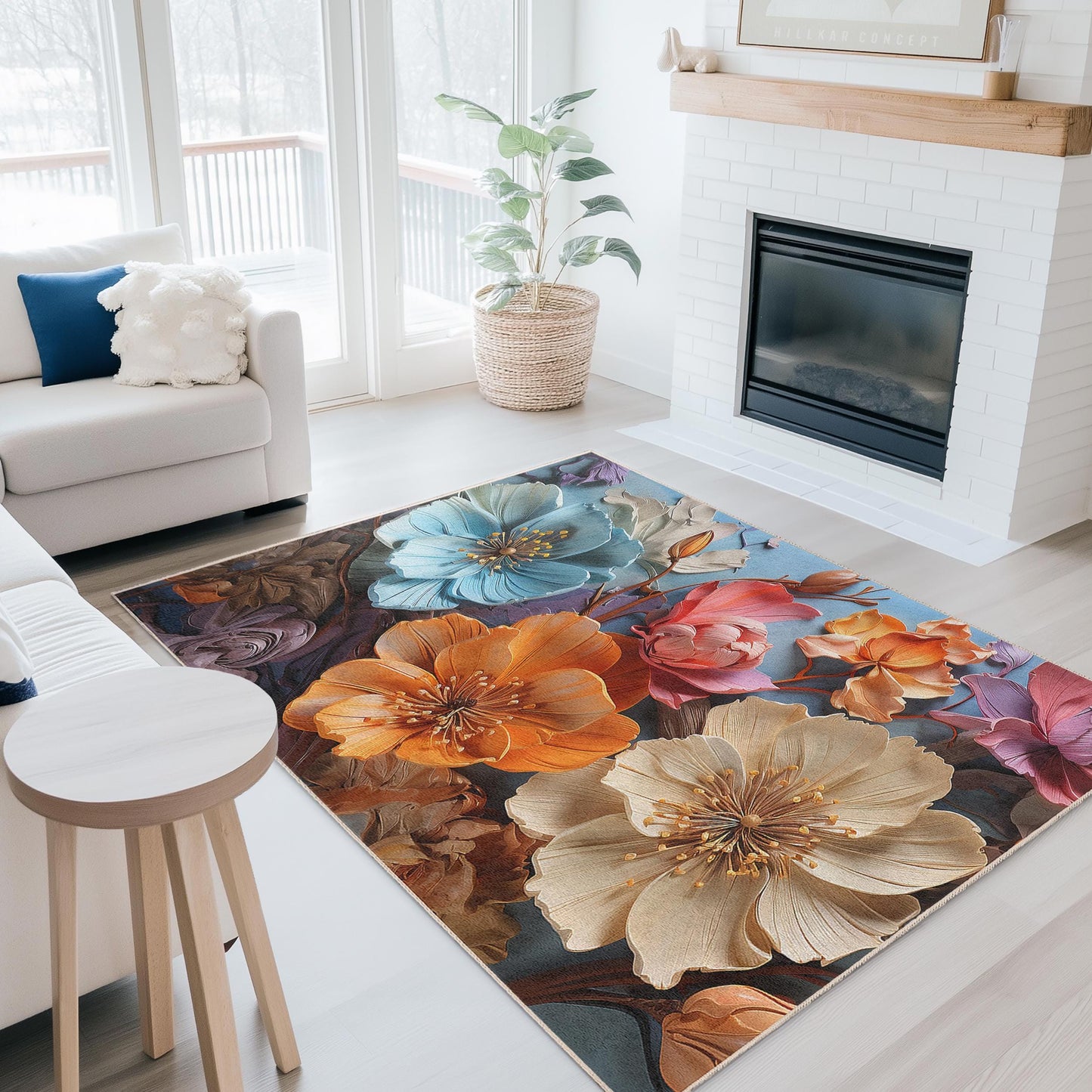 Vibrant Flower Pattern Rectangular Rug | Floral Design Area Carpet | Soft Cotton Home Decor | Elegant Flower Mat