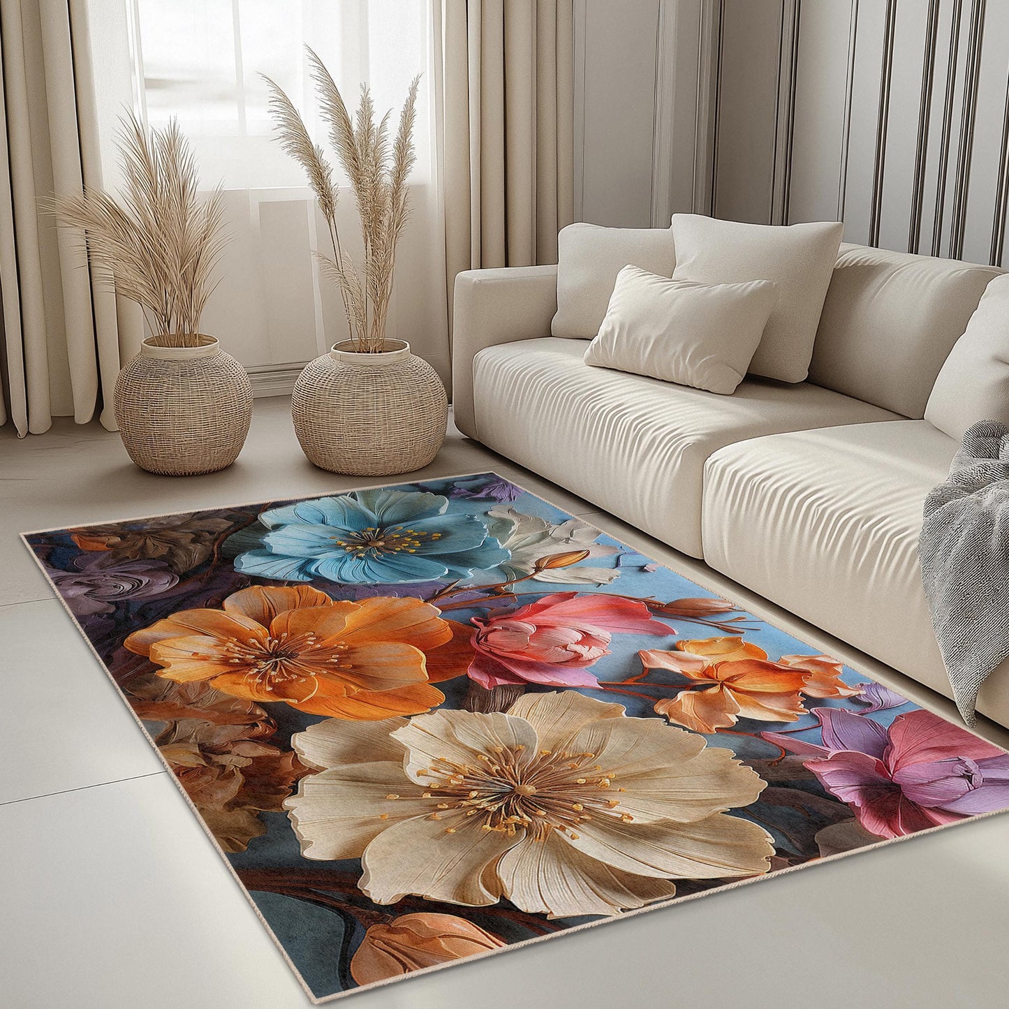 Vibrant Flower Pattern Rectangular Rug | Floral Design Area Carpet | Soft Cotton Home Decor | Elegant Flower Mat