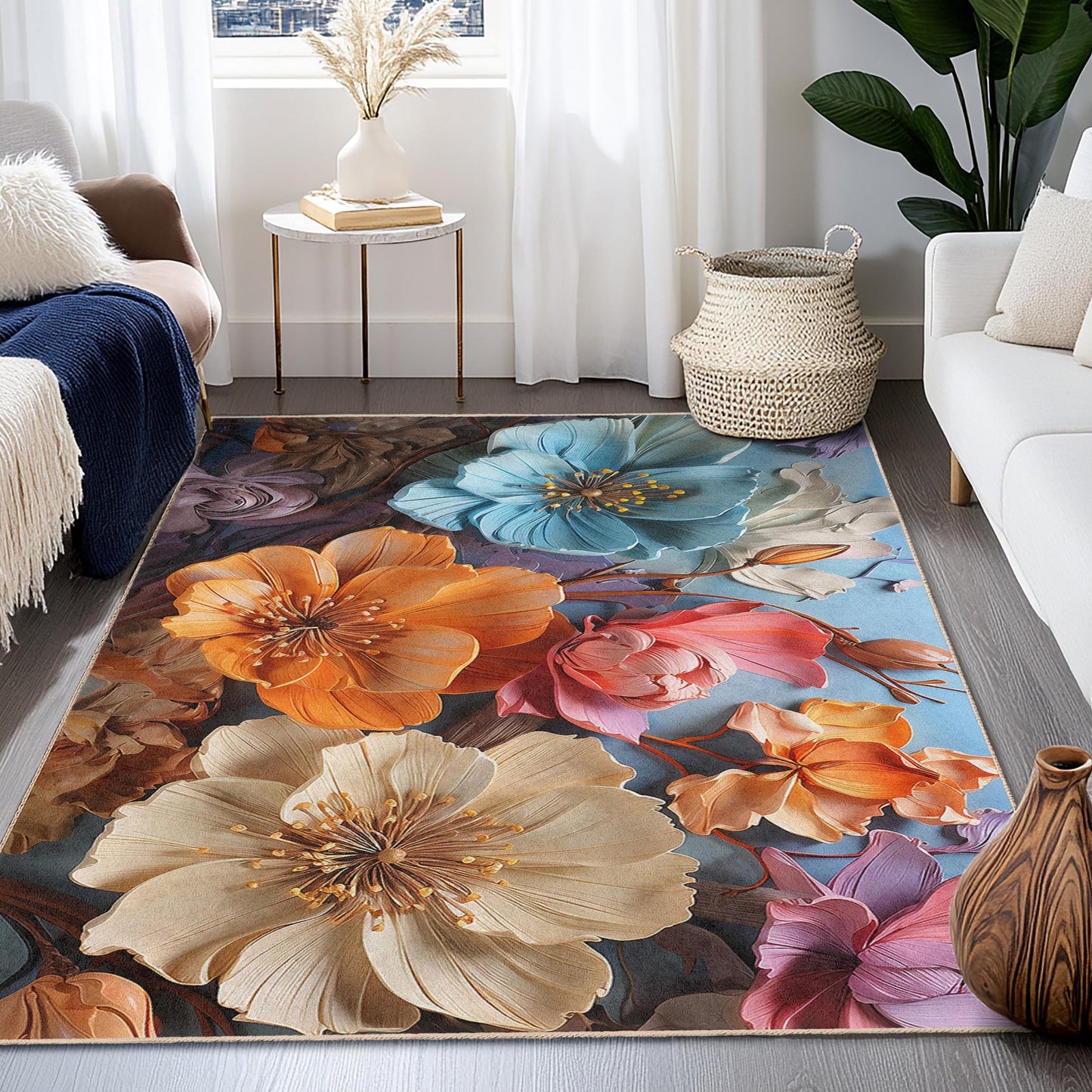 Vibrant Flower Pattern Rectangular Rug | Floral Design Area Carpet | Soft Cotton Home Decor | Elegant Flower Mat