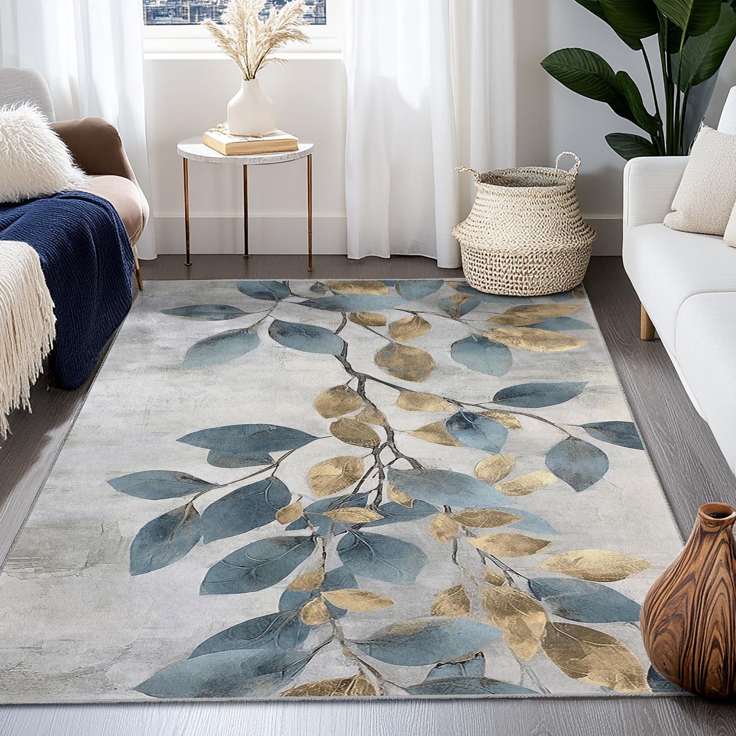 Elegant Leaf Pattern Area Rug | Modern Rectangular Floor Mat | Stylish Home Decor | Soft Cotton Decorative Carpet