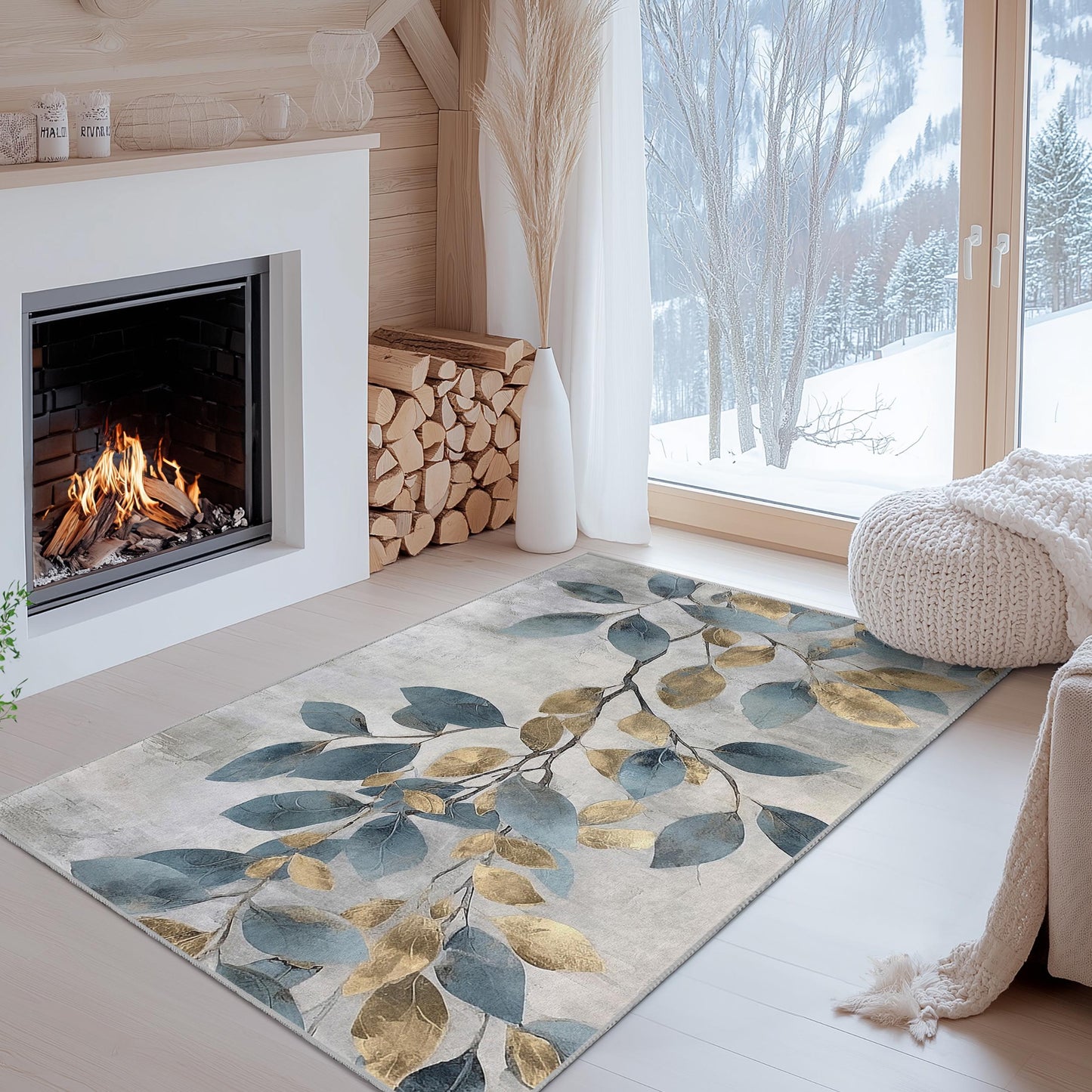 Elegant Leaf Pattern Area Rug | Modern Rectangular Floor Mat | Stylish Home Decor | Soft Cotton Decorative Carpet
