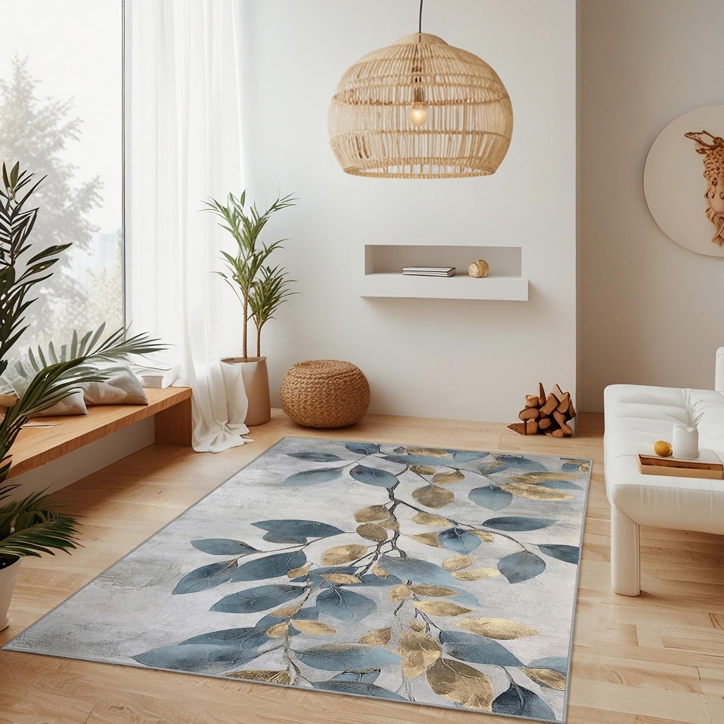 Elegant Leaf Pattern Area Rug | Modern Rectangular Floor Mat | Stylish Home Decor | Soft Cotton Decorative Carpet