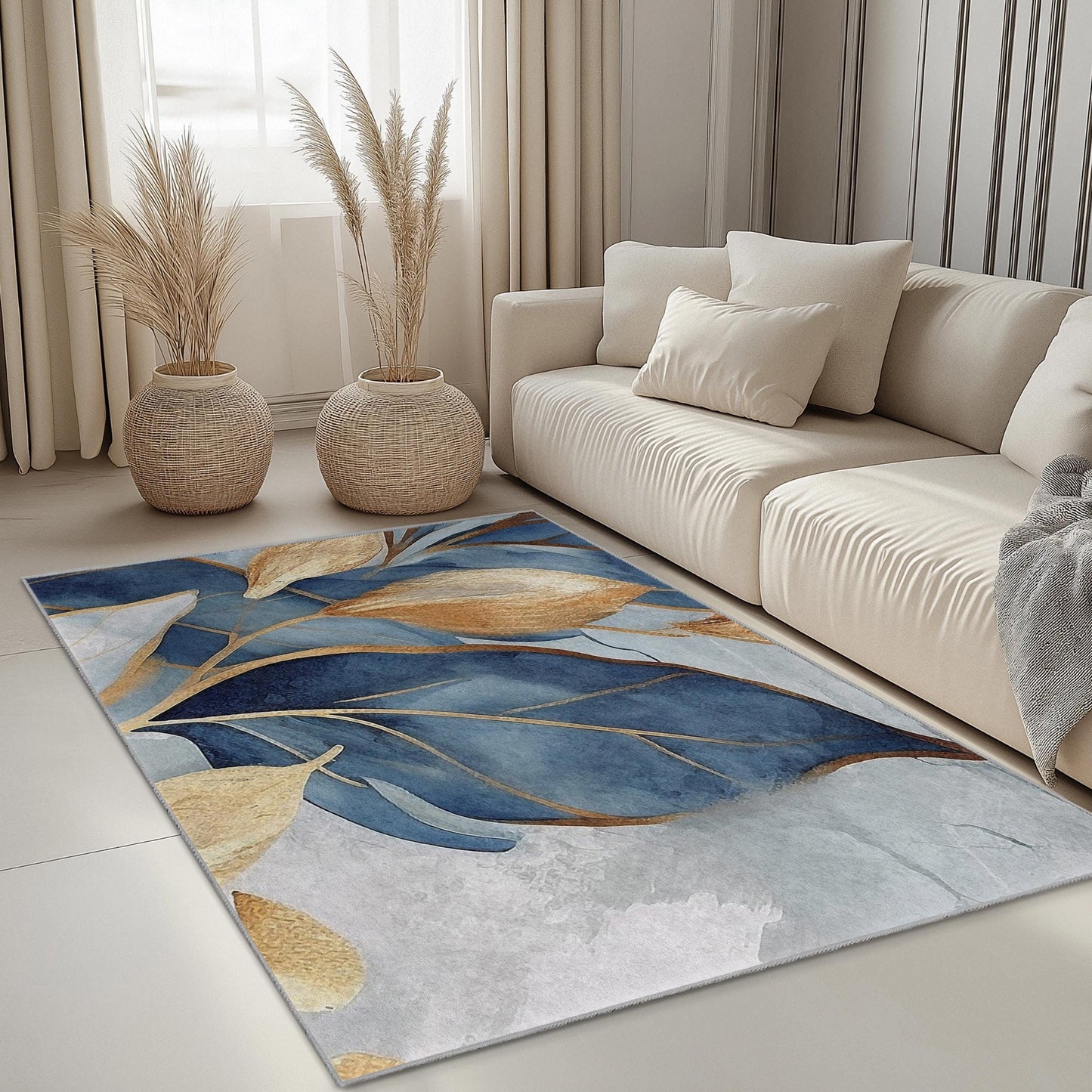 Elegant Blue and Gold Leaf Design Rectangle Rug | Modern Botanical Carpet for Living Room | Stylish Home Decor
