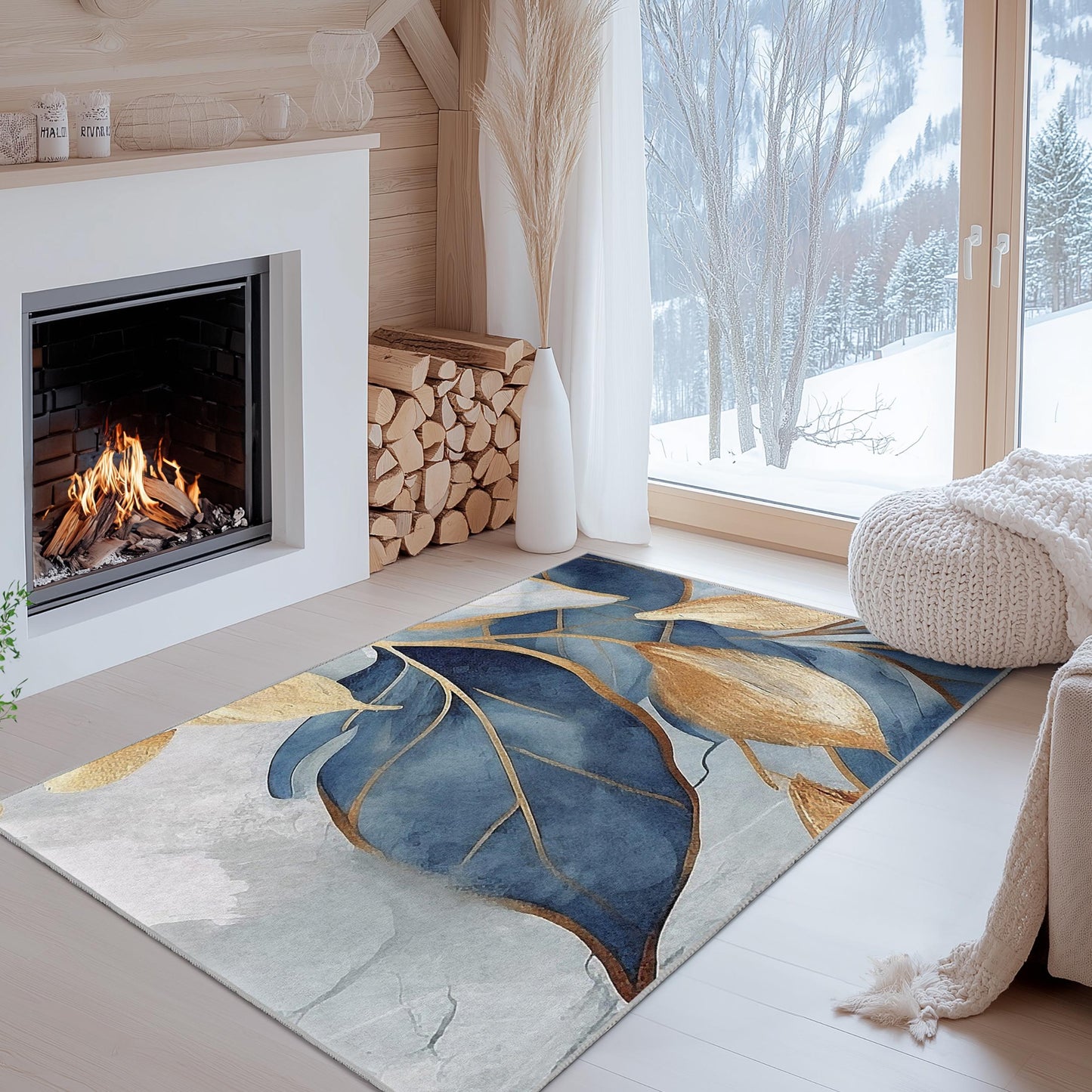 Elegant Blue and Gold Leaf Design Rectangle Rug | Modern Botanical Carpet for Living Room | Stylish Home Decor