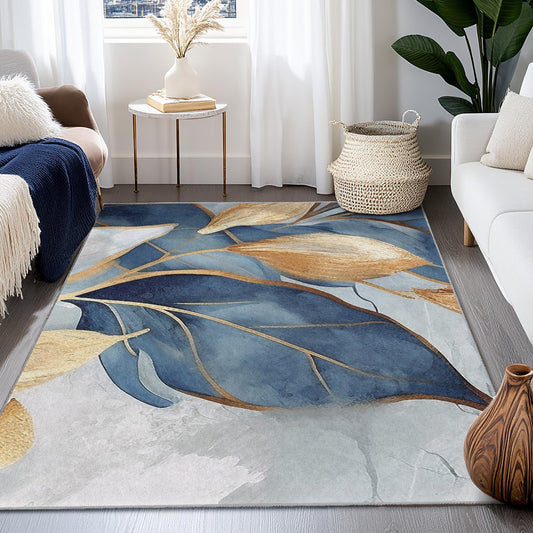 Elegant Blue and Gold Leaf Design Rectangle Rug | Modern Botanical Carpet for Living Room | Stylish Home Decor
