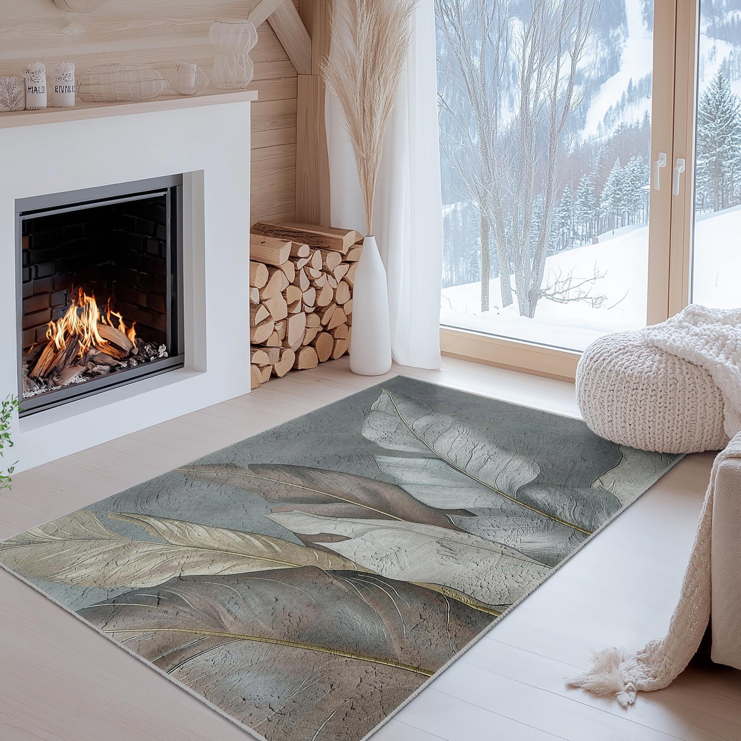 Leaf Print Cotton Rug: Modern Indoor Area Carpet