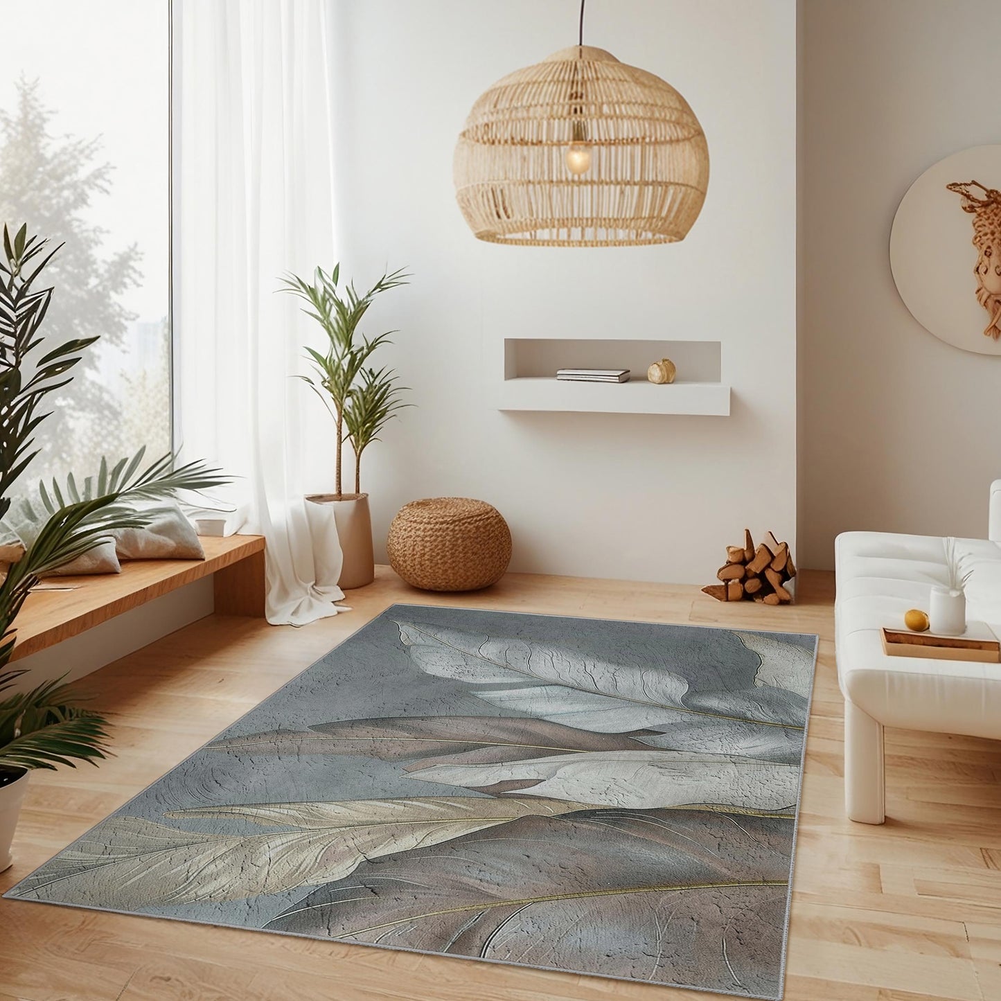 Leaf Print Cotton Rug: Modern Indoor Area Carpet