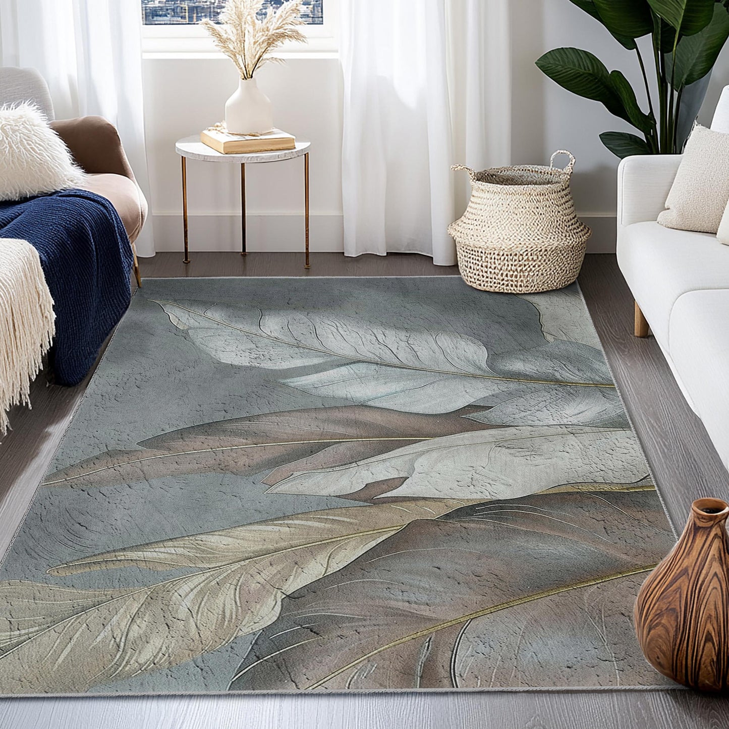 Leaf Print Cotton Rug: Modern Indoor Area Carpet