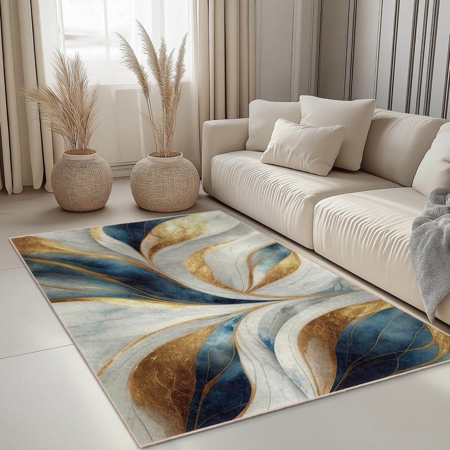 Elegant Gold and Blue Floral Rectangular Rug | Luxurious Home Decor | Soft Cotton Carpet | High-Resolution Print Area Rug