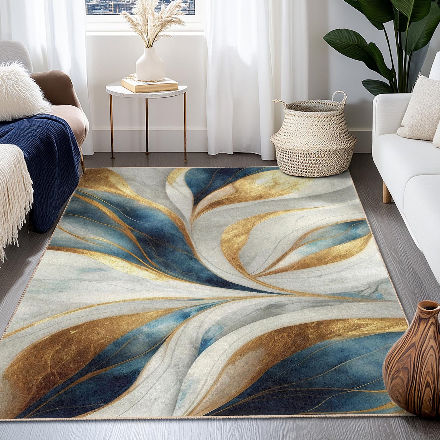 Elegant Gold and Blue Floral Rectangular Rug | Luxurious Home Decor | Soft Cotton Carpet | High-Resolution Print Area Rug