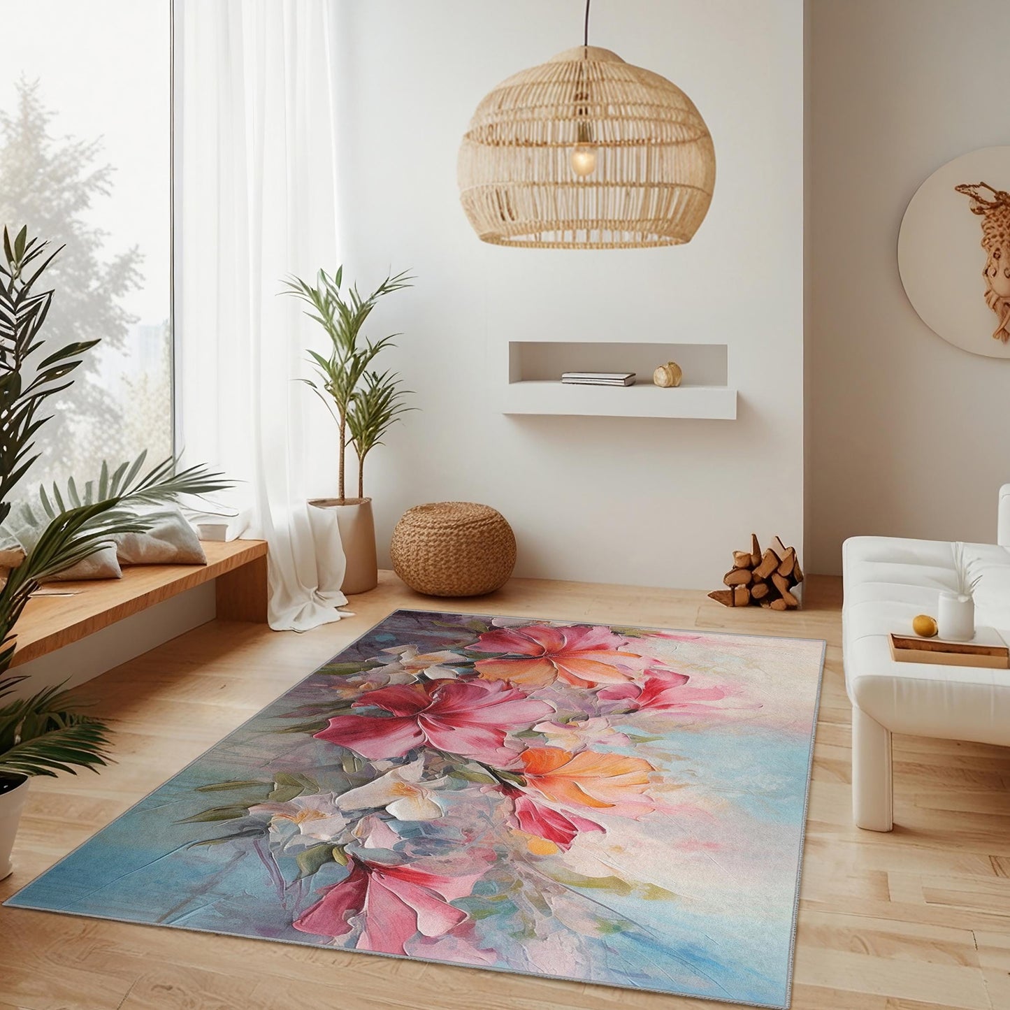 Vibrant Floral Design Rectangular Area Rug | Soft Cotton Carpet for Living Room | Luxurious Flower Print Home Decor