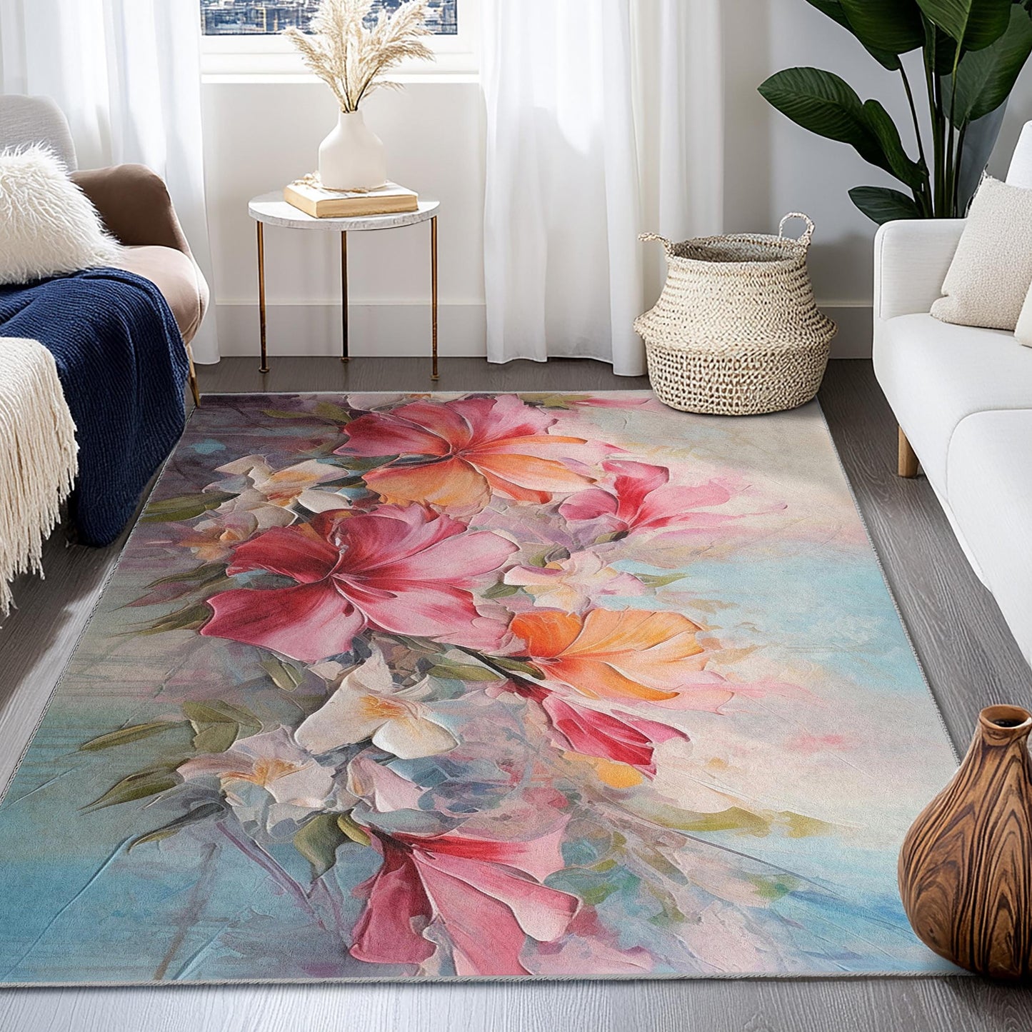 Vibrant Floral Design Rectangular Area Rug | Soft Cotton Carpet for Living Room | Luxurious Flower Print Home Decor