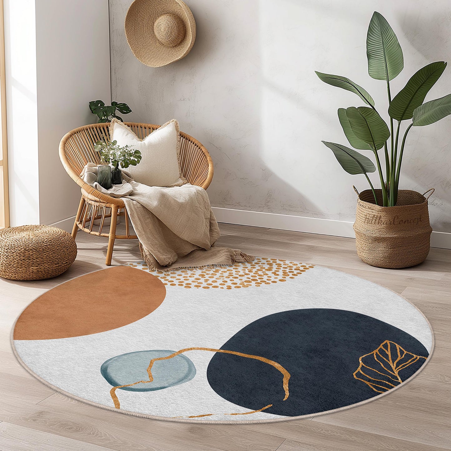 Abstract Round Area Rug | Modern Design Cotton Carpet | Boho Chic Home Decor | Stylish Circle Floor Mat