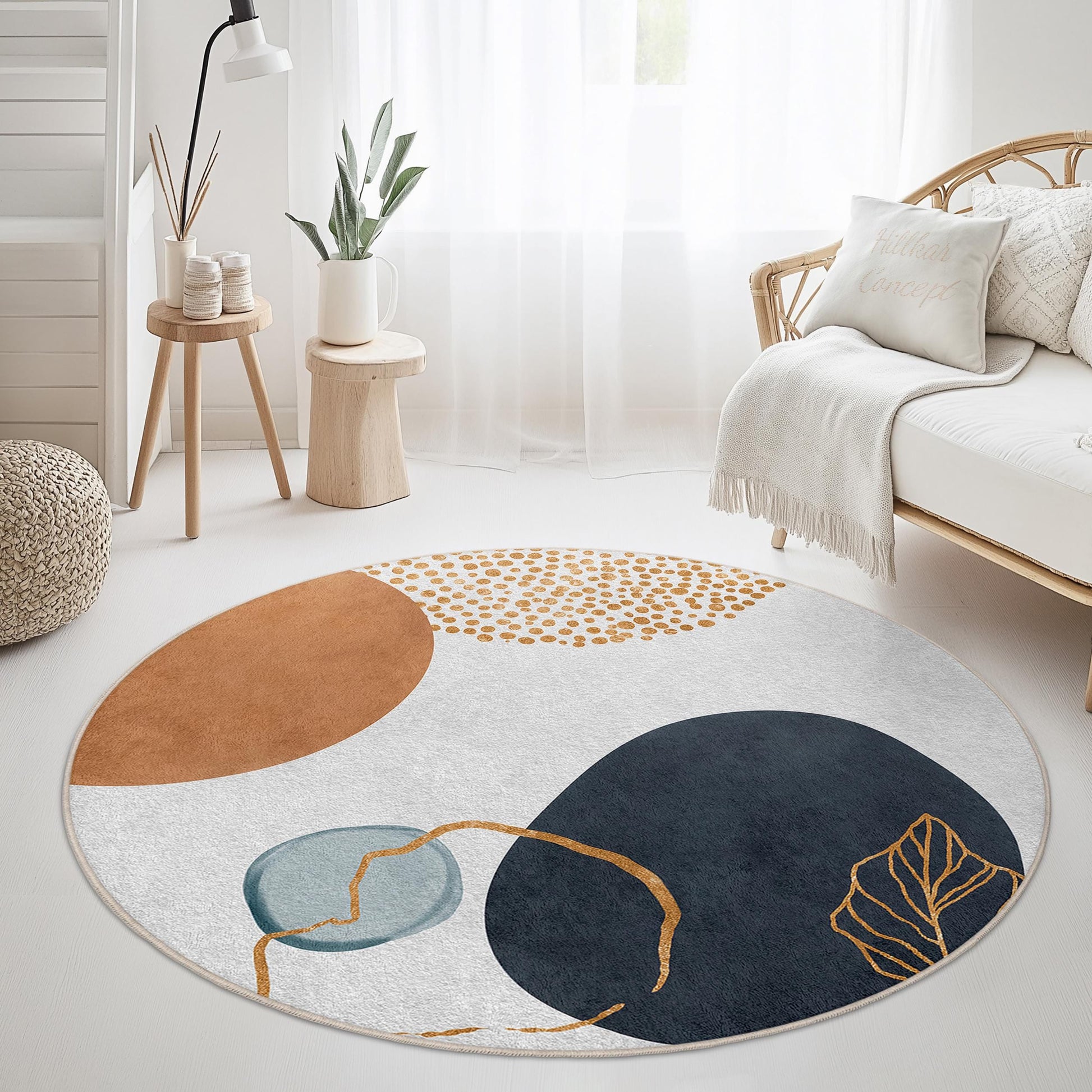 Abstract Round Area Rug | Modern Design Cotton Carpet | Boho Chic Home Decor | Stylish Circle Floor Mat