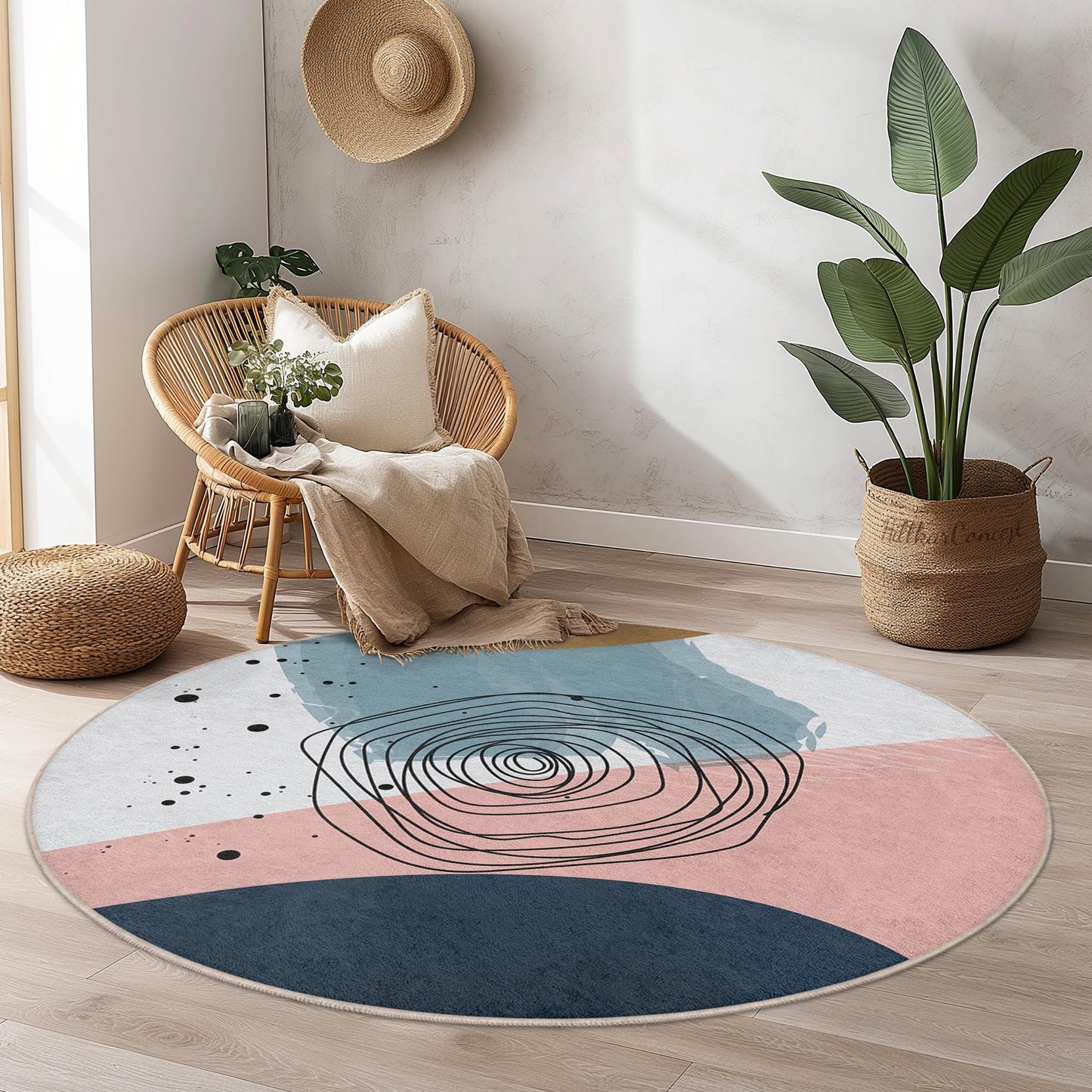 Abstract Circle Design Washable Round Rug | Modern Home Decor Carpet | Soft Cotton Area Mat | Stylish Living Room Accent