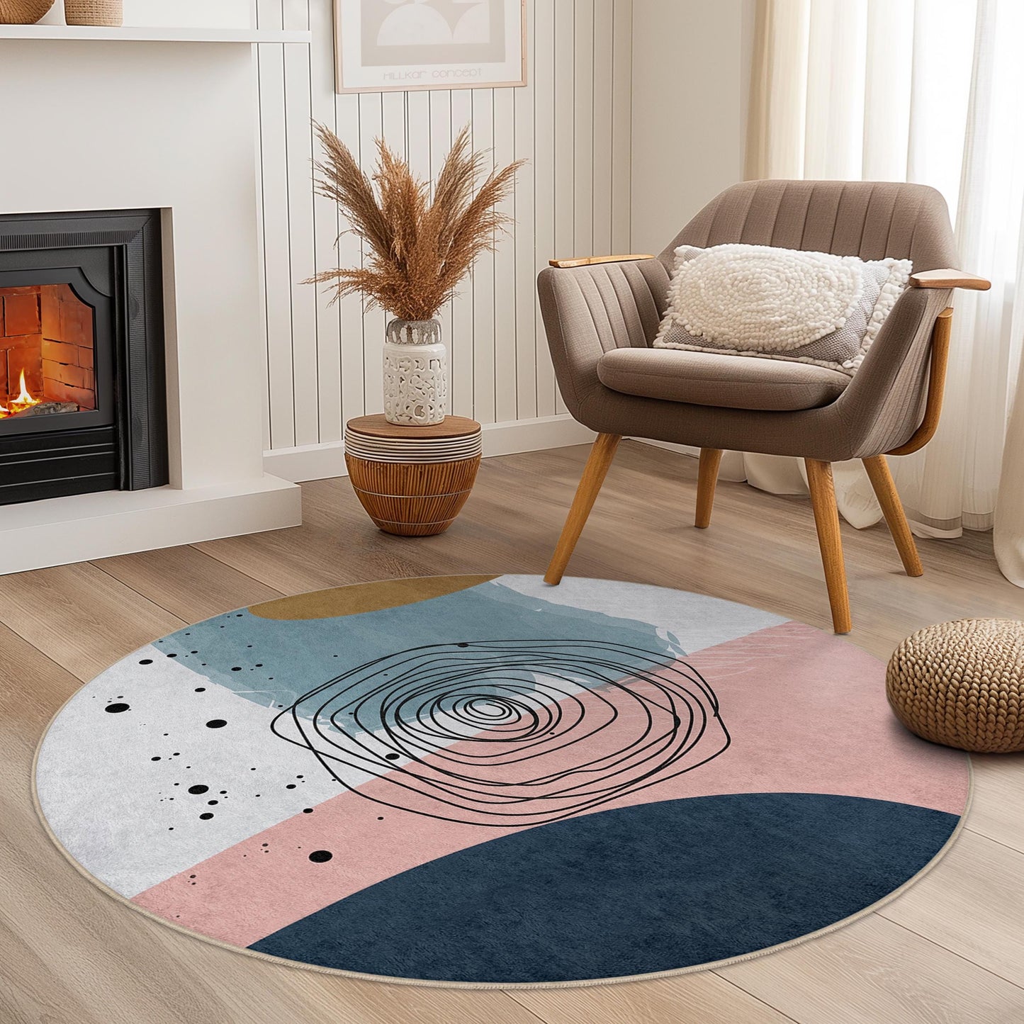 Abstract Circle Design Washable Round Rug | Modern Home Decor Carpet | Soft Cotton Area Mat | Stylish Living Room Accent