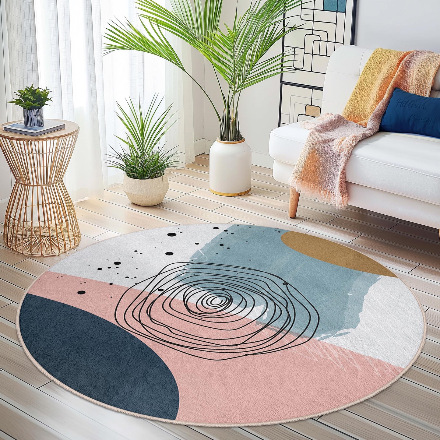 Abstract Circle Design Washable Round Rug | Modern Home Decor Carpet | Soft Cotton Area Mat | Stylish Living Room Accent