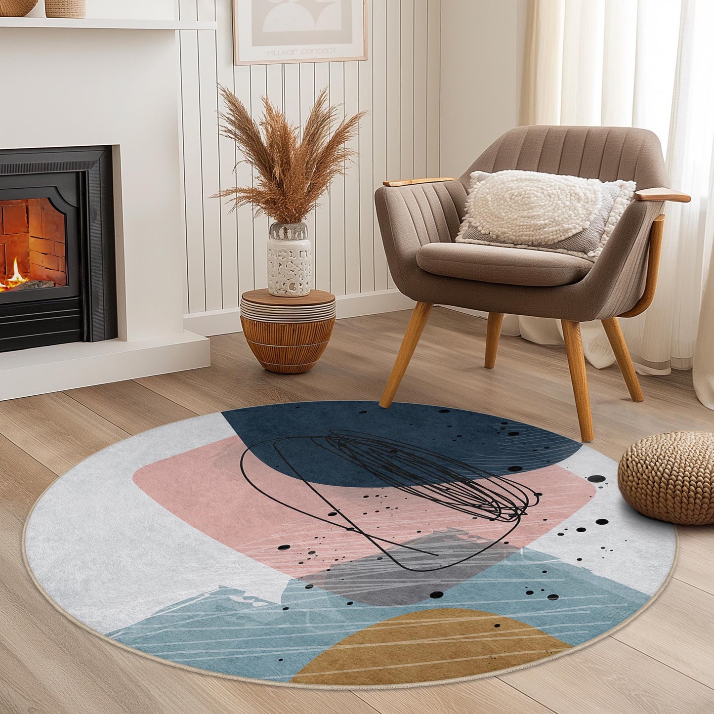 Abstract Round Art Rug | Modern Home Dcor | Soft and Cozy Circular Carpet | Stylish Living Room Mat