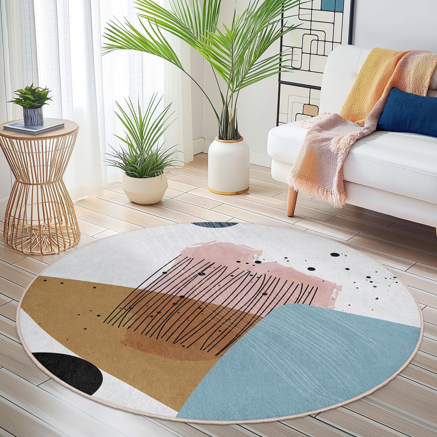 Abstract Art Round Area Rug | Modern Minimalist Carpet | Soft Cotton Floor Mat | Chic Home Decor