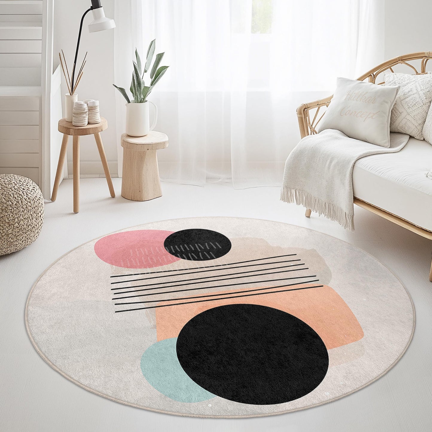 Abstract Geometric Round Rug | Modern Art Home Decor | Soft Cotton Circle Carpet | Stylish Living Room Accent