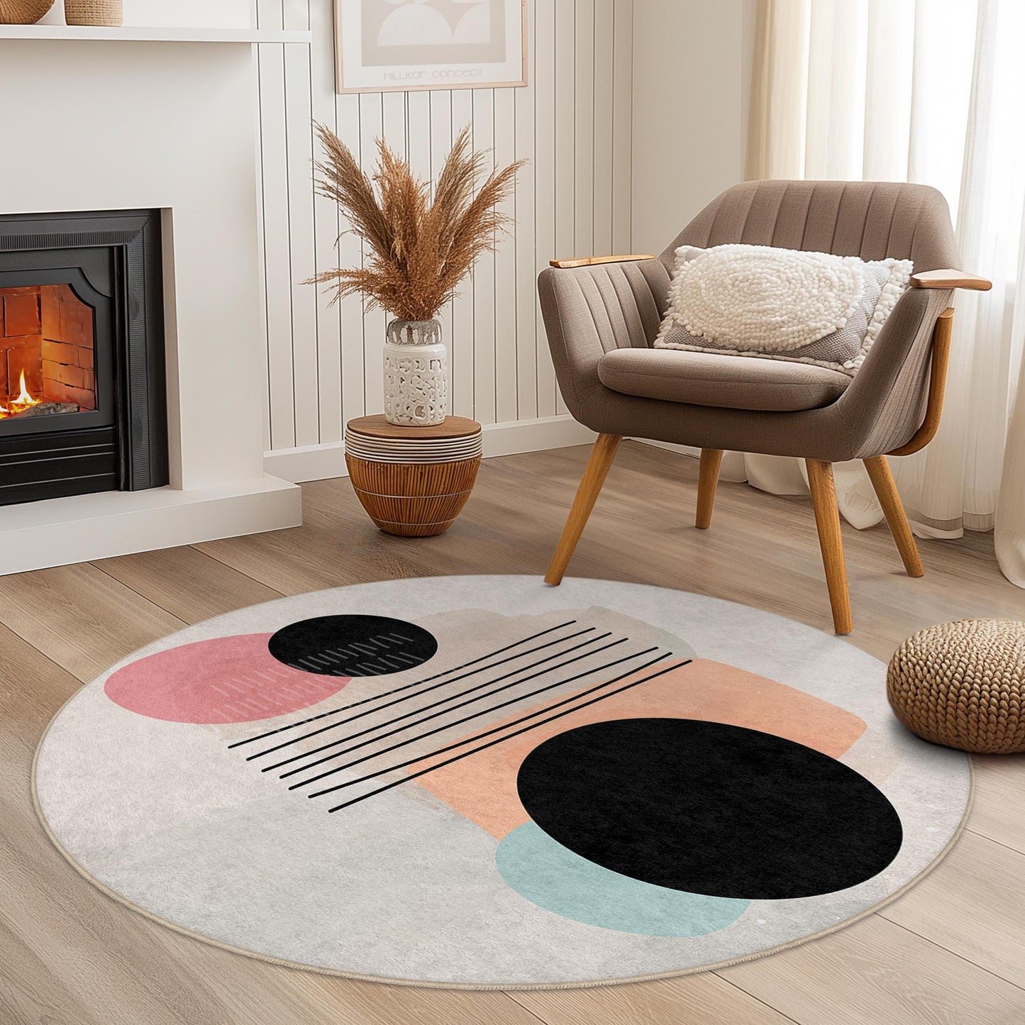 Abstract Geometric Round Rug | Modern Art Home Decor | Soft Cotton Circle Carpet | Stylish Living Room Accent