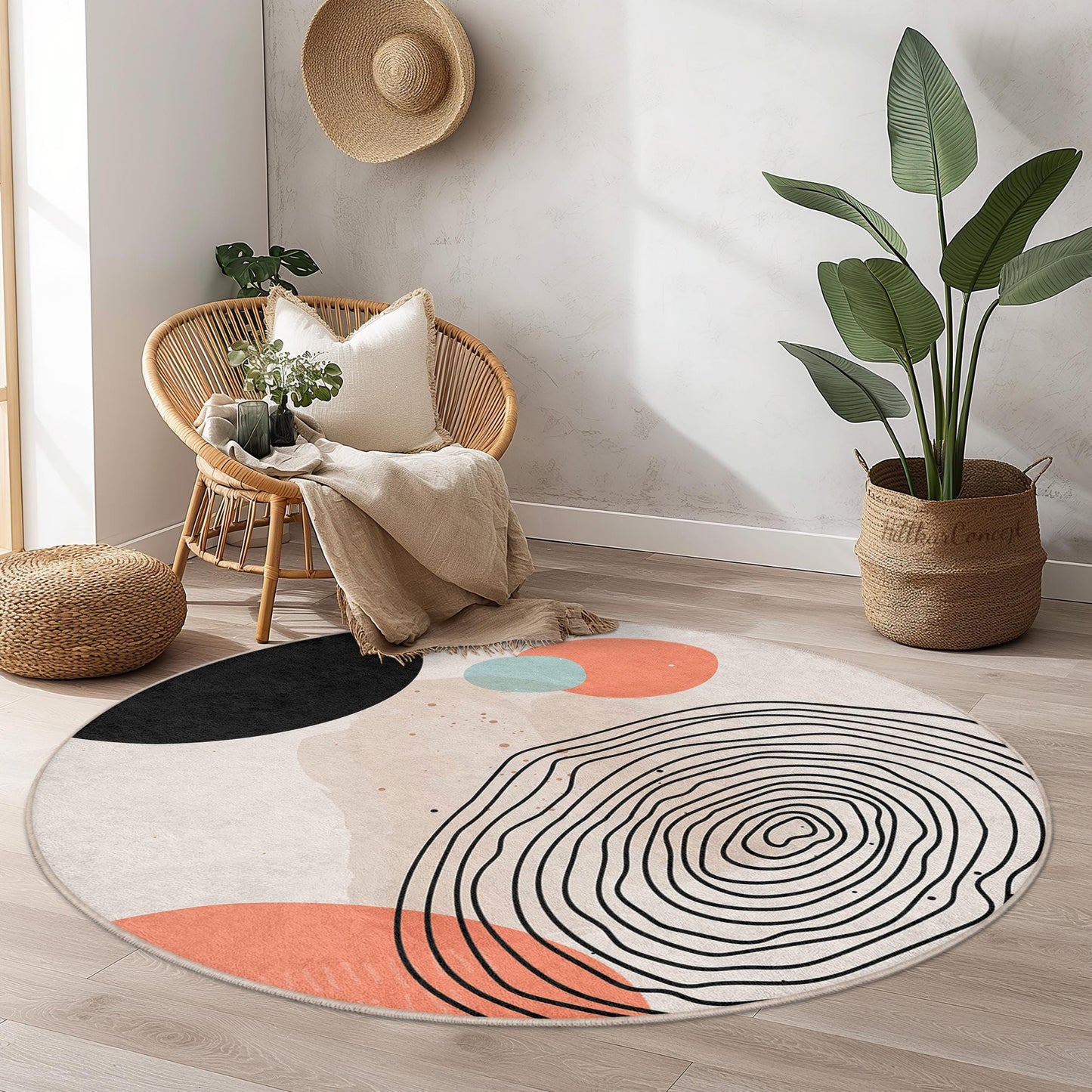 Abstract Circular Cotton Area Rug | Modern Round Carpet with Unique Designs | Soft Non-Slip Floor Mat for Living Room