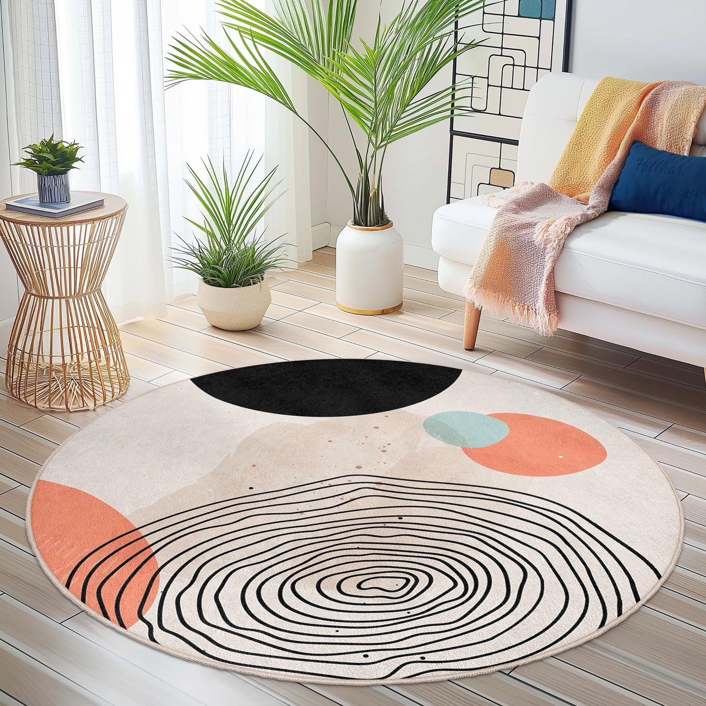 Abstract Circular Cotton Area Rug | Modern Round Carpet with Unique Designs | Soft Non-Slip Floor Mat for Living Room