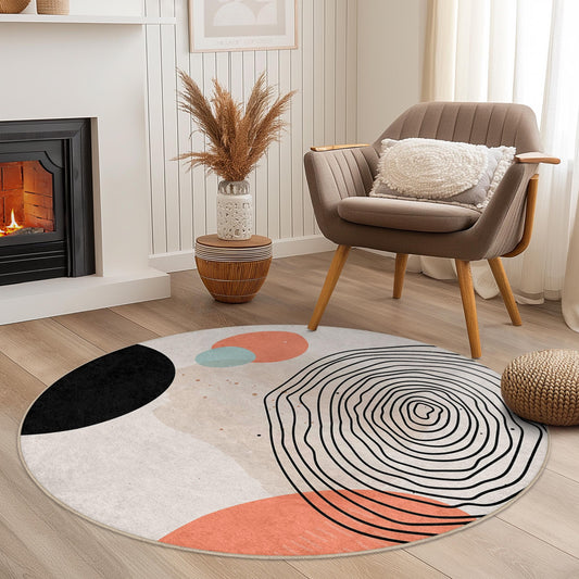 Abstract Circular Cotton Area Rug | Modern Round Carpet with Unique Designs | Soft Non-Slip Floor Mat for Living Room