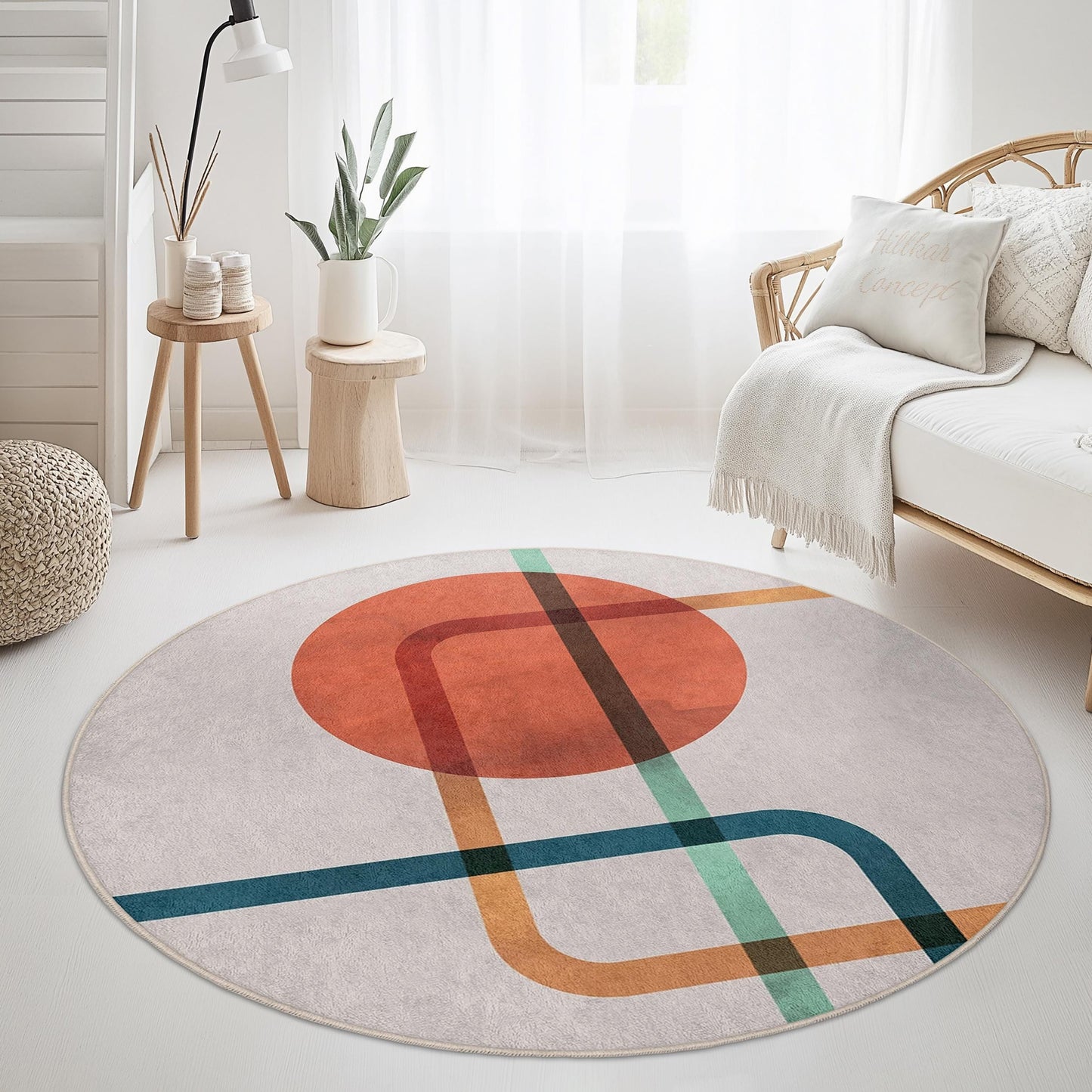 Abstract Geometric Round Area Rug | Modern Art Circle Carpet for Living Room | Stylish Home Decor | Soft Washable Print Mat