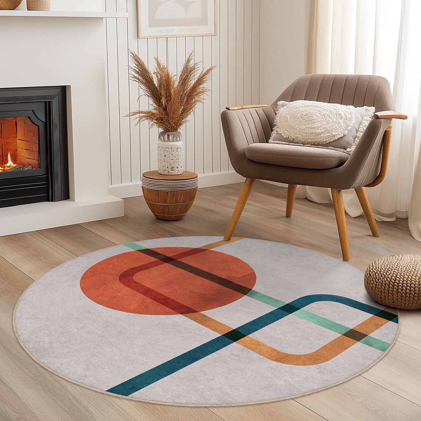 Abstract Geometric Round Area Rug | Modern Art Circle Carpet for Living Room | Stylish Home Decor | Soft Washable Print Mat