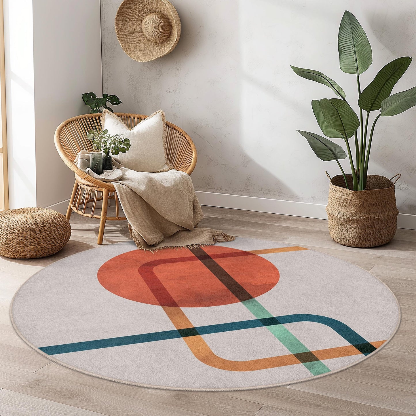 Abstract Geometric Round Area Rug | Modern Art Circle Carpet for Living Room | Stylish Home Decor | Soft Washable Print Mat