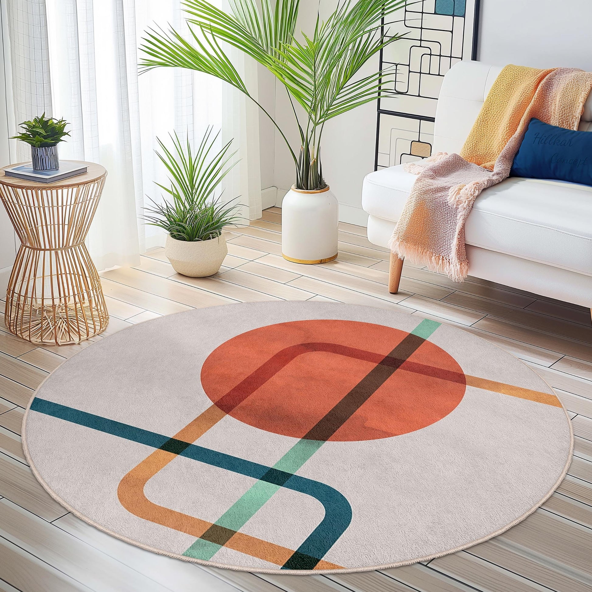 Abstract Geometric Round Area Rug | Modern Art Circle Carpet for Living Room | Stylish Home Decor | Soft Washable Print Mat