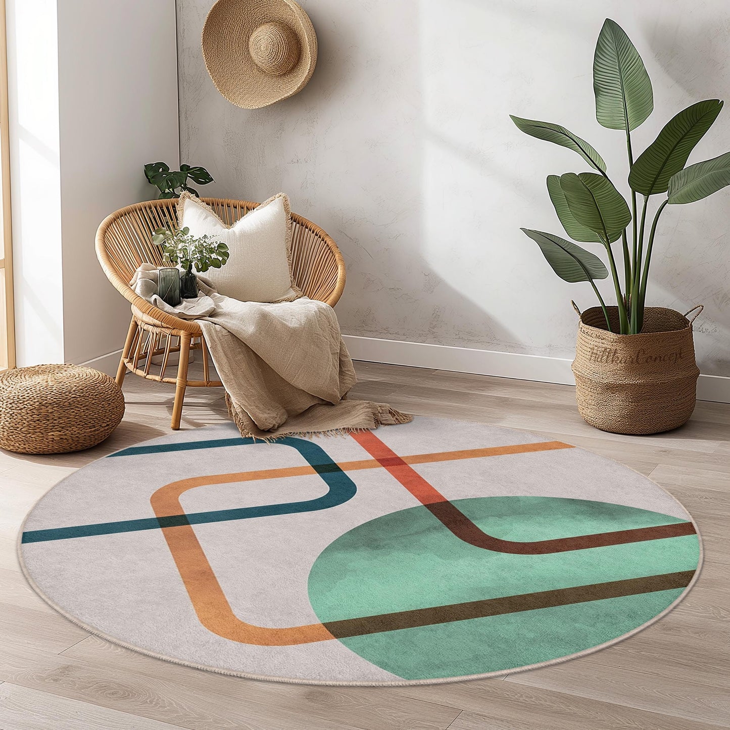 Abstract Geometric Round Area Rug | Modern Art Inspired Circular Carpet | Soft Cotton Non-Slip Mat for Living Room