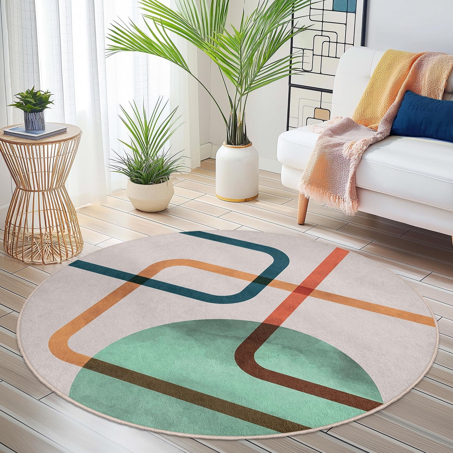 Abstract Geometric Round Area Rug | Modern Art Inspired Circular Carpet | Soft Cotton Non-Slip Mat for Living Room