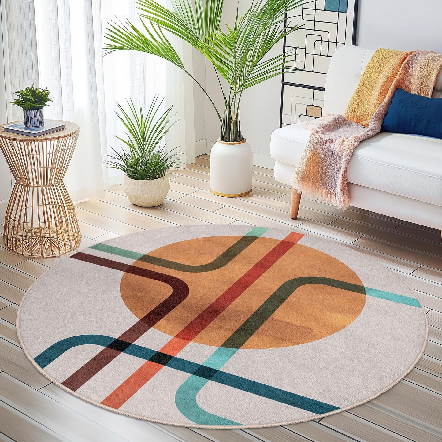 Geometric Round Area Rug | Modern Abstract Design Carpet | Soft Cotton Floor Mat for Living Room | Stylish Home Decor
