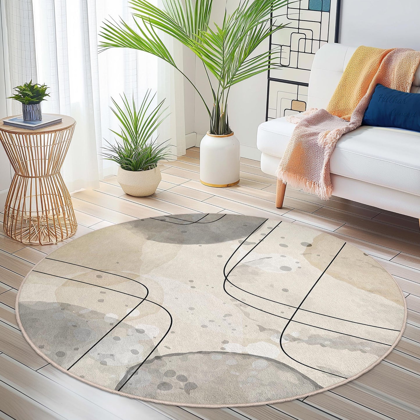Abstract Geometric Round Area Rug | Modern Soft Cotton Carpet | Stylish Living Room Decor | Unique Home Accent