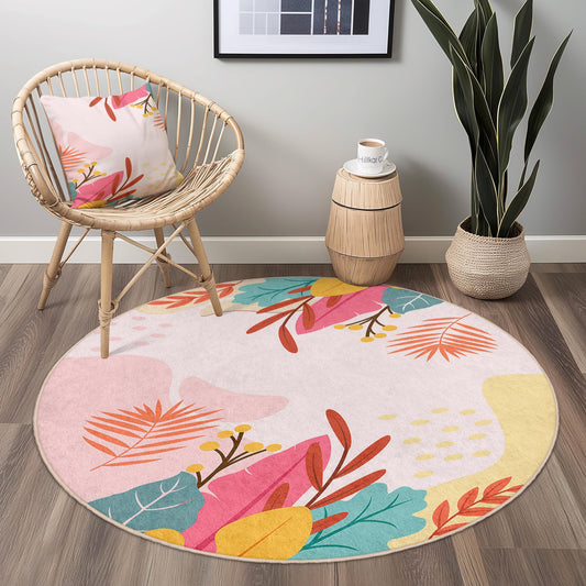 Floral Boho Round Rug | Soft Cotton Area Mat with Vibrant Colors | Ideal for Living Room or Bedroom Decor | Washable Home Carpet