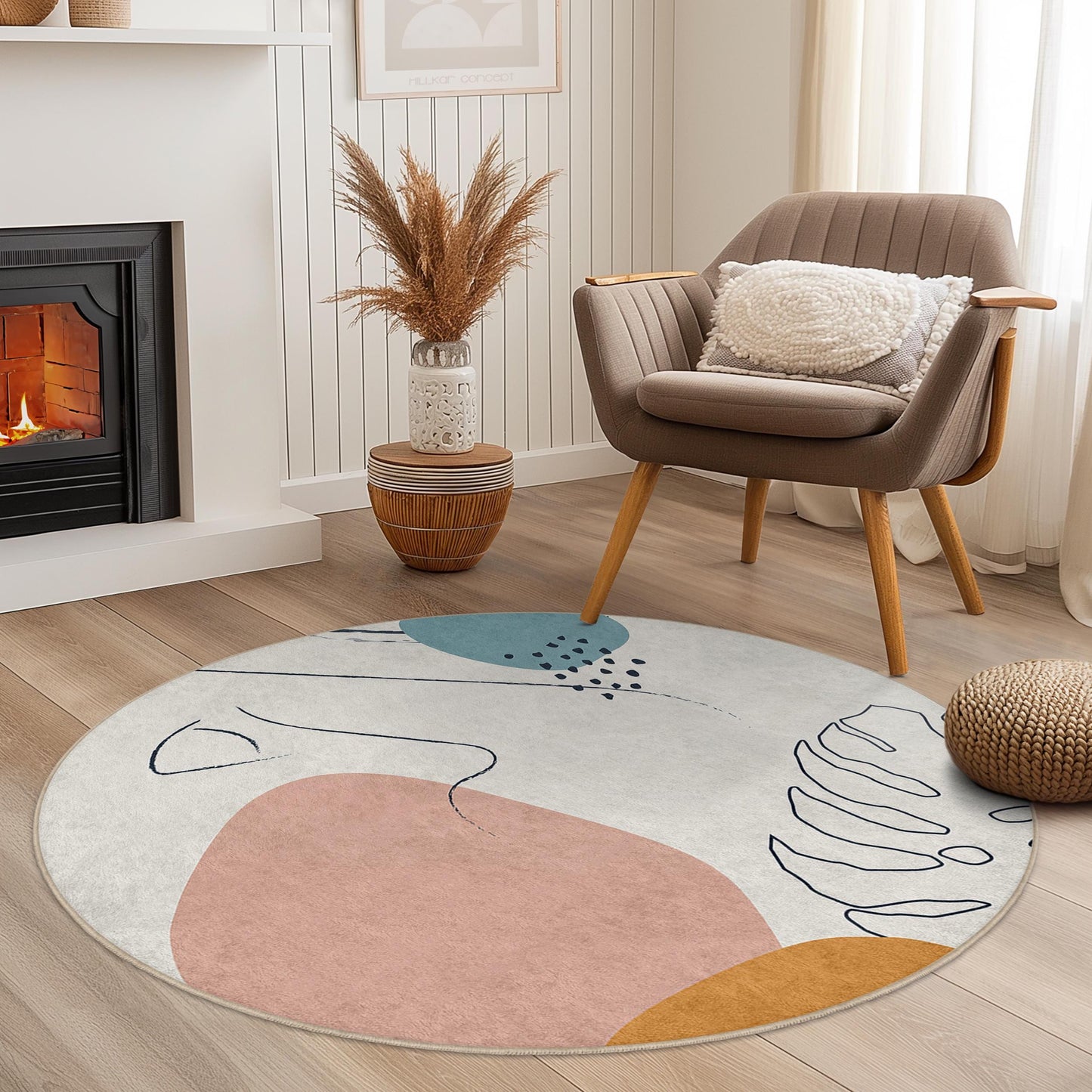 Abstract Round Area Rug | Modern Boho Circular Carpet | Soft Cotton Floor Mat | Stylish Home Decor for Living Room