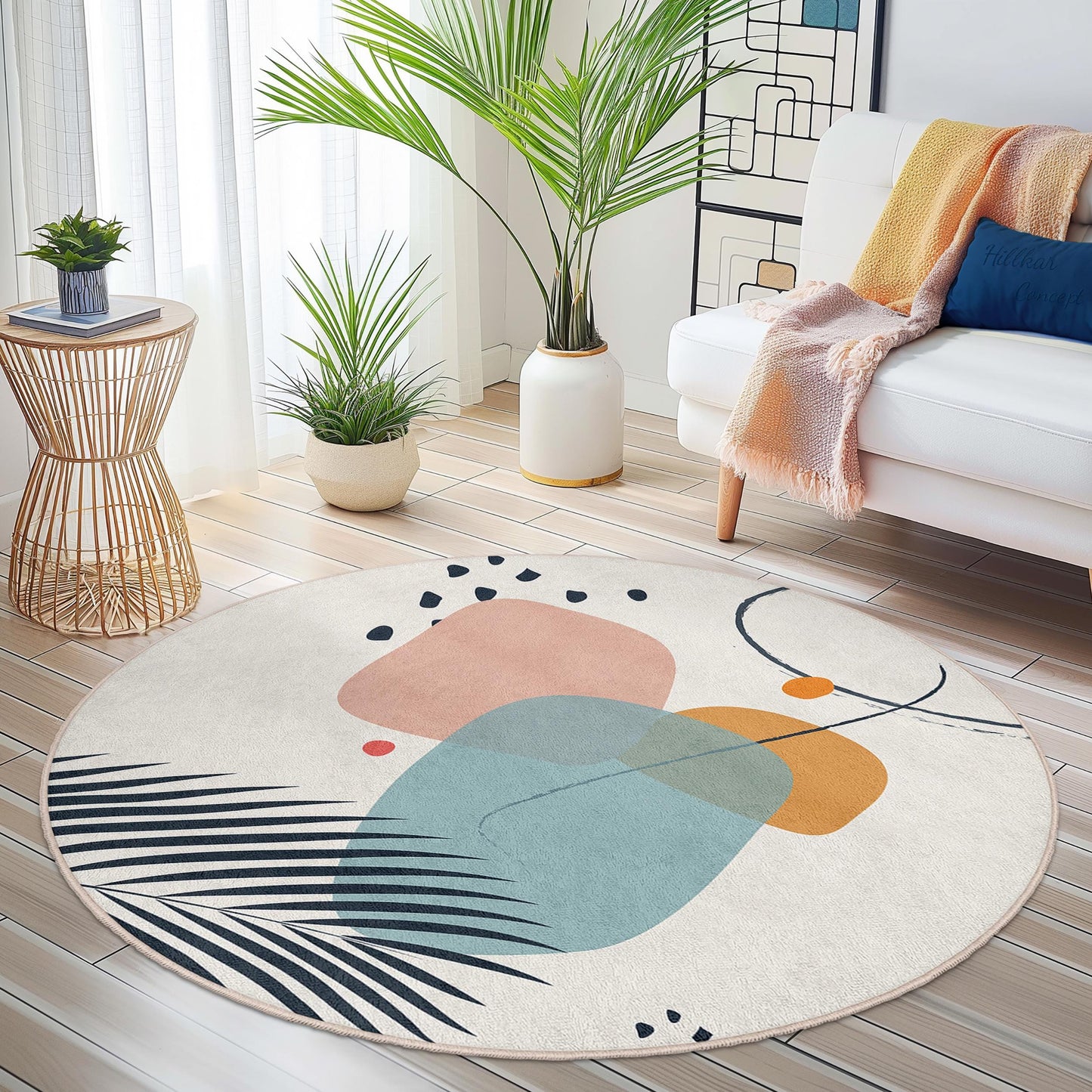 Abstract Geometric Round Area Rug | Soft Cotton Living Room Mat | Modern Decorative Carpet | Stylish Home Accessories