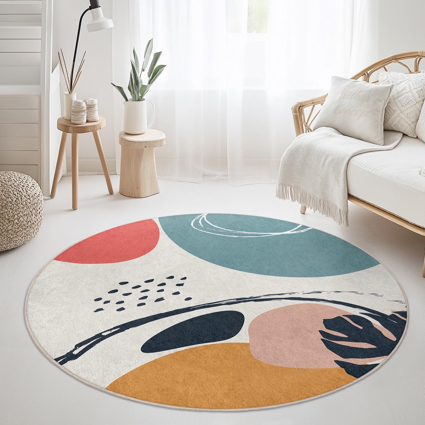 Abstract Geometric Round Area Rug | Modern Artistic Floor Mat | Soft Cotton Circular Carpet for Living Room