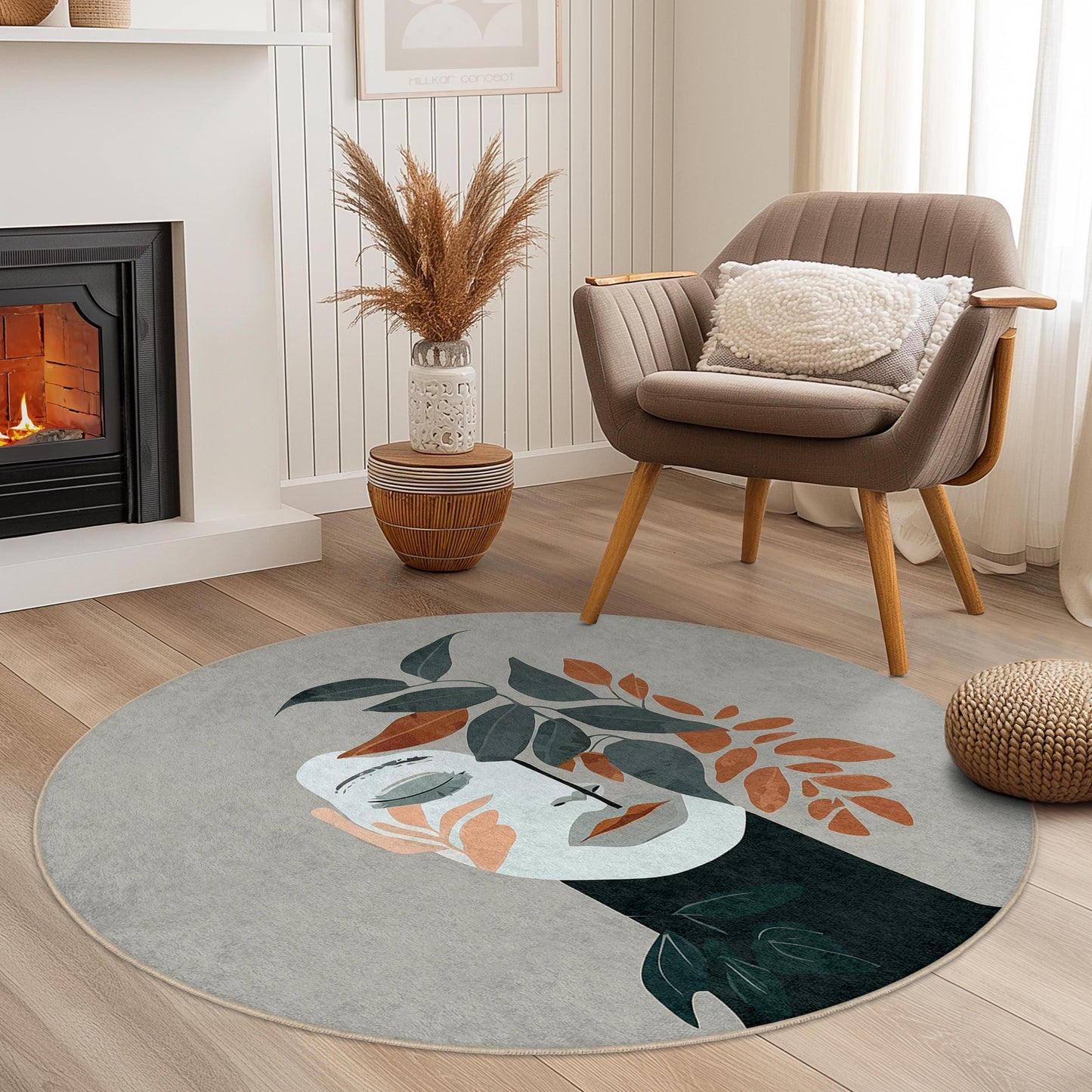 Botanical Face Round Rug | Modern Floral Design Area Carpet | Soft Home Decor for Living Room | Unique Round Mat