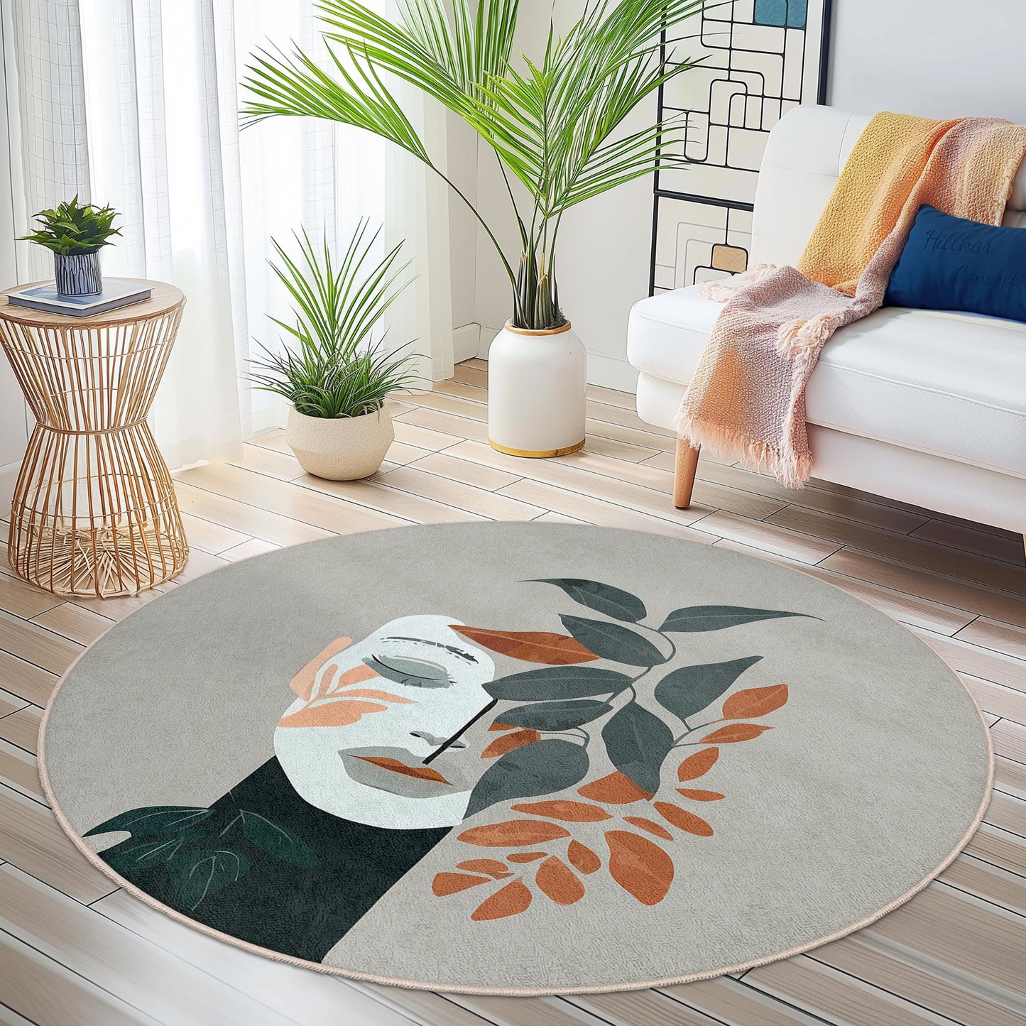 Botanical Face Round Rug | Modern Floral Design Area Carpet | Soft Home Decor for Living Room | Unique Round Mat